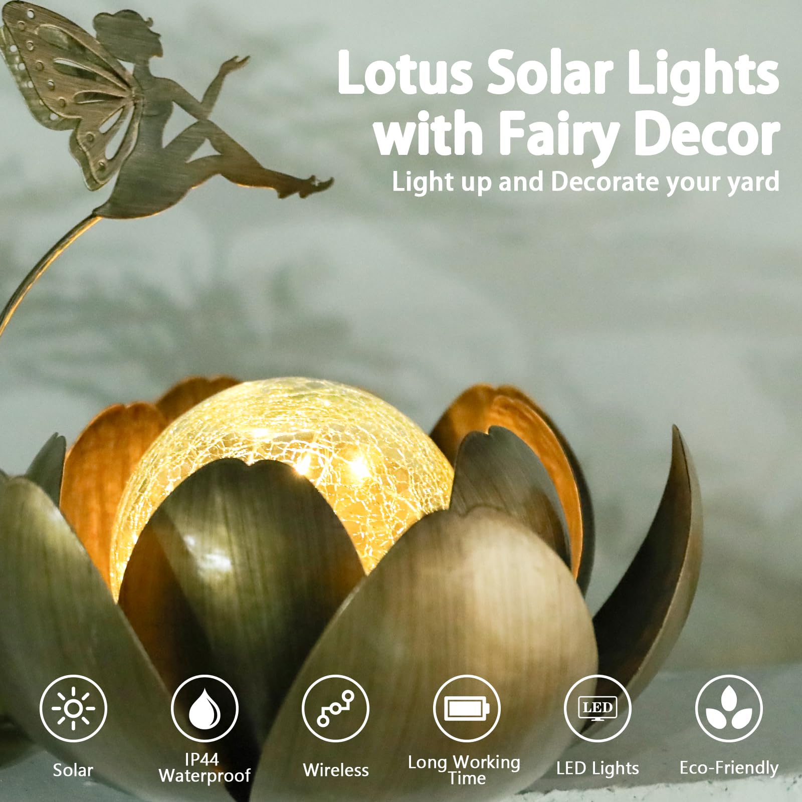 MUMTOP Fairy Garden Solar Lights - Waterproof Glass Lotus Lantern, Brown, Tabletop Decor for Patio, Pathway, Yard, and Garden