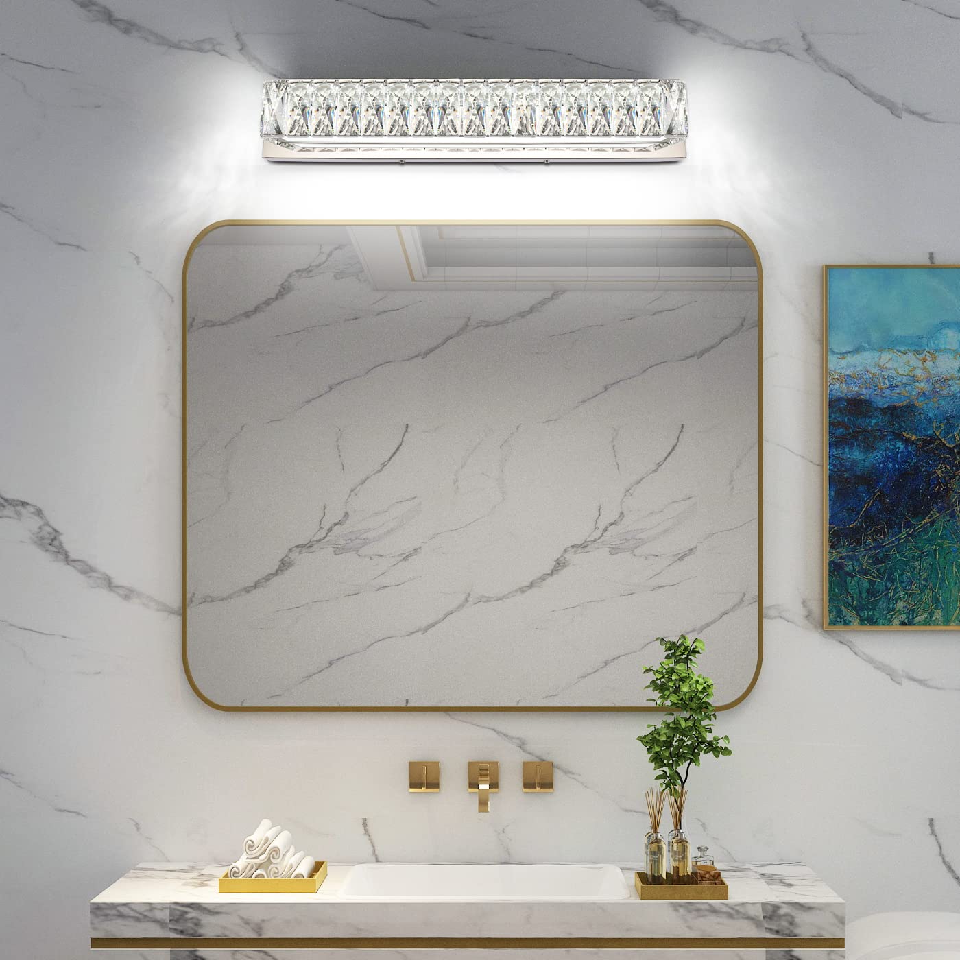 ZUZITO Modern LED Vanity Light Fixture, 22.8in Polished Chrome, Crystal Glass Diffuser, 6000K Bright White, Model S17500-580mm-6200K