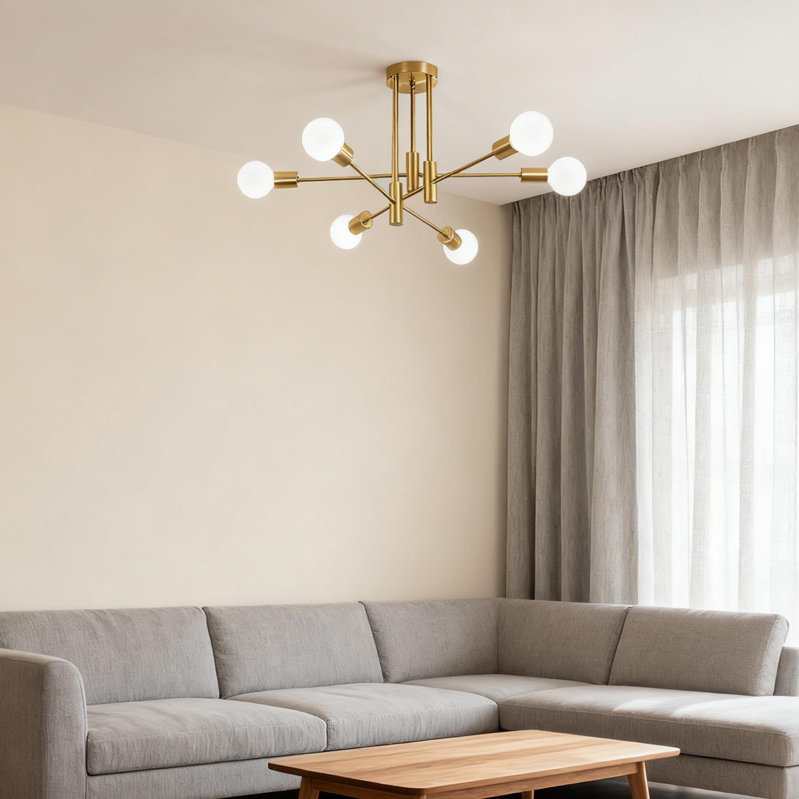 Tealight Gold Sputnik Ceiling Light Fixture  Industrial Lighting Fixture Semi Flush Mount Ceiling Chandelier For Bedroom  Living Room  Kitchen  Dining Room  Hallway (6-Lights Gold)