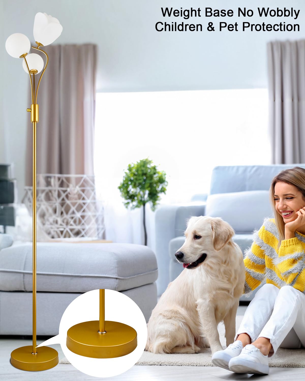 69In Dimmable Floor Lamp Art Deco Floor Lamps With Globe & Flower Lampshade For Girls/Kid Room Gold Standing Lamps With 3Pcs 300