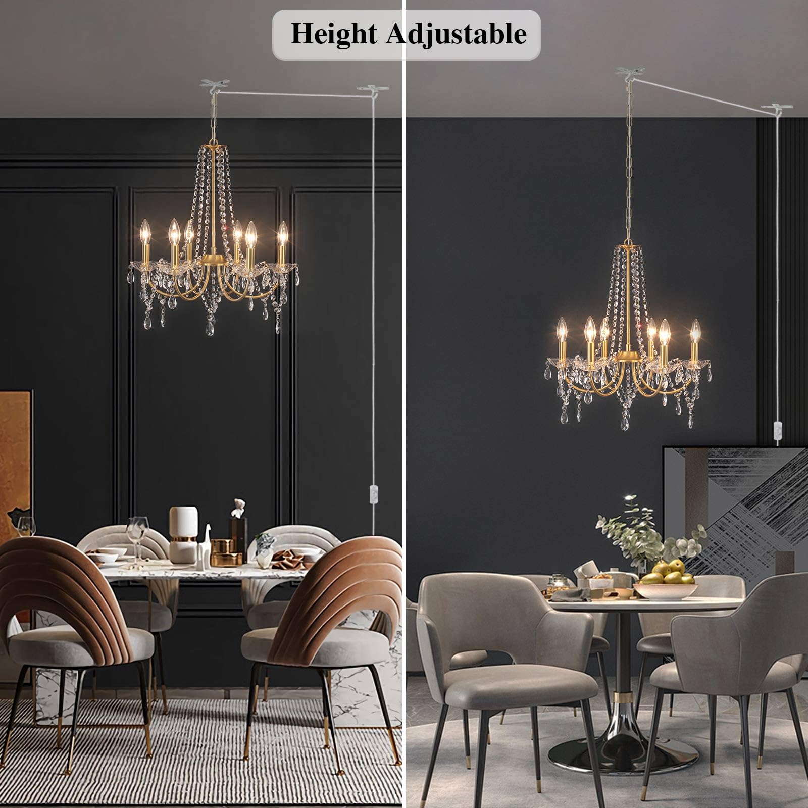 Meijia Plug In Crystal Gold Chandeliers Lighting Fixture 6 Light Modern Crystal Chandelier With 15.75Feets Plug In Cord Gold Mini Plug In Chandelier For Dining Room Bedroom Entryway Bathroom Closet