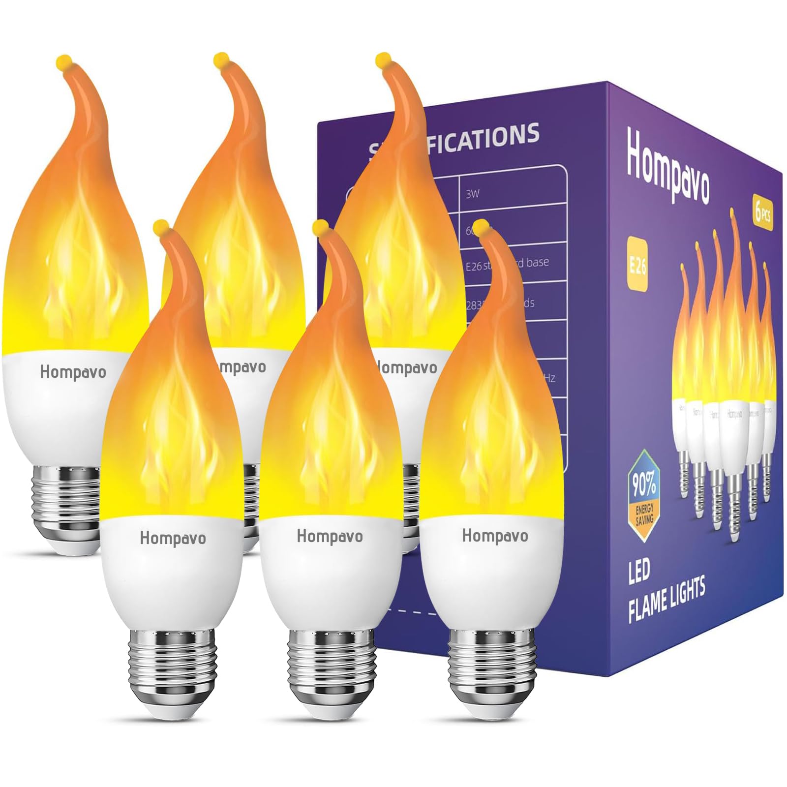 Hompavo LED Flame Light Bulbs E26 Base, 3 Modes Flickering Candle Bulbs, 6 Pack, Indoor & Outdoor Use, Style1, Candle Angular6