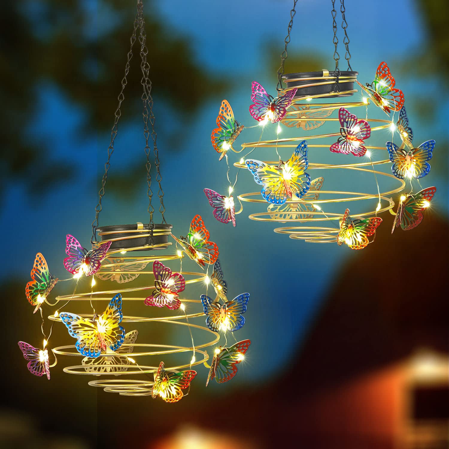 2 Pack Butterfly Solar Lights Outdoor Hanging Lantern with Handle, Solar Powered Butterflies Garden Decor for Outside Patio Yard