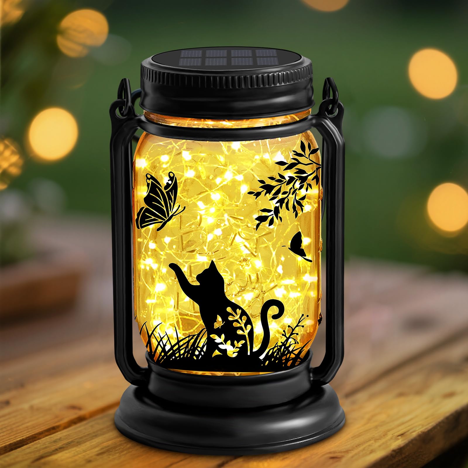 Cat Lover Gifts for Mom, Grandma,Women Mothers Day Birthday, Cat Solar Lanterns Butterfly Vintage Glass Hanging Mason Jar, Water