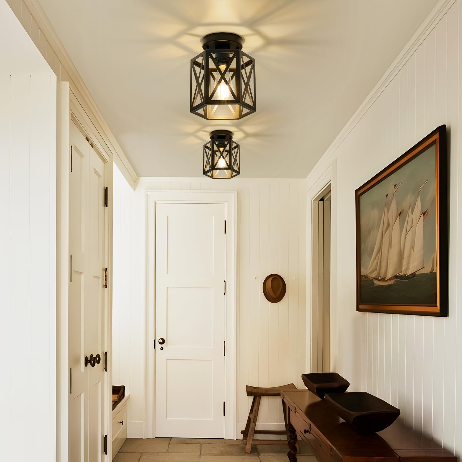 Oteedo 2 Pack Modern Semi Flush Mount Ceiling Light Hexagon Flush Mount Ceiling Lights For Dining Room Light Fixture Farmhouse Black Metal Kitchen Island Lighting Fixtures For Hallway Bathroom