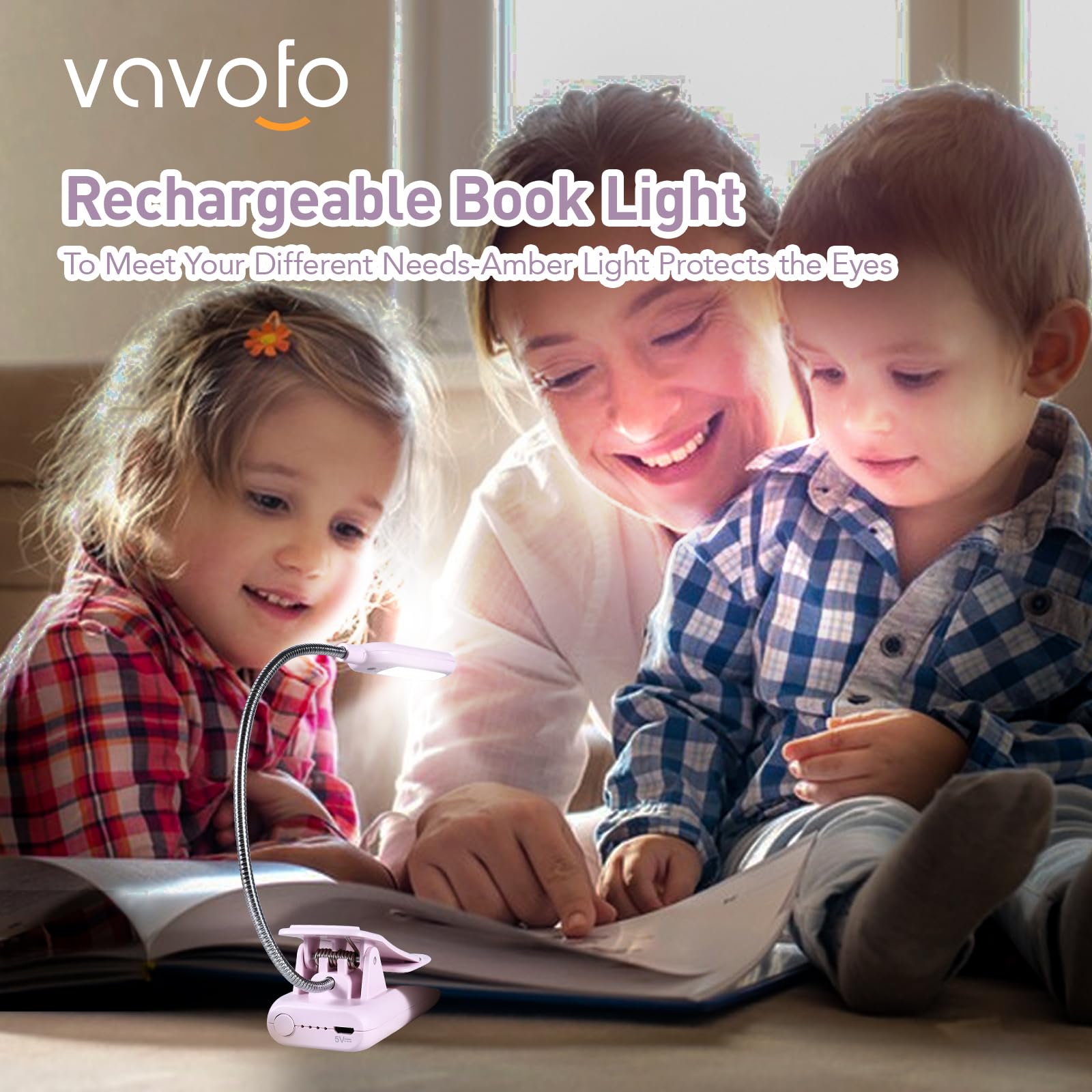 VAVOFO Rechargeable Book Light, Amber 1600K, 7 LEDs, Clip-On, 1-Pack, Pink Purple, Model KM-6720A