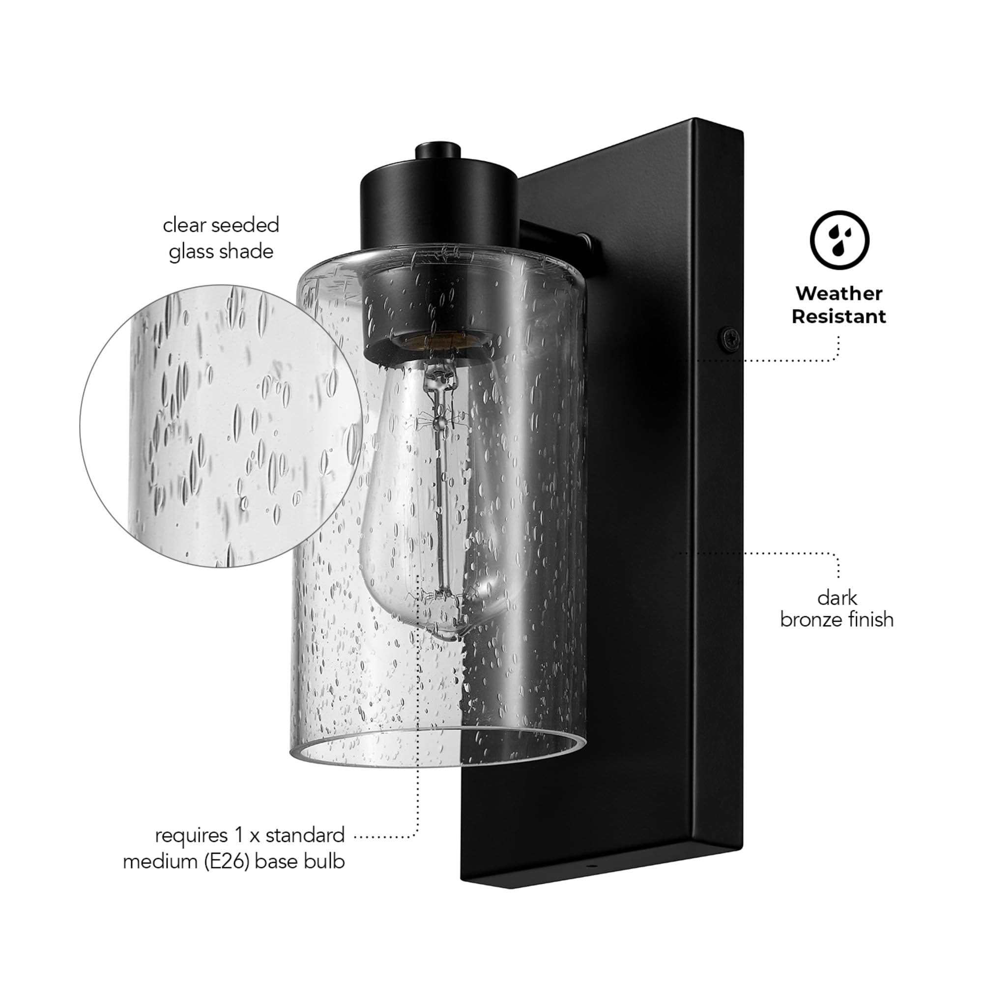 Globe Electric 60000129 1-Light Outdoor Wall Sconce, Dark Bronze, Clear Seeded Glass