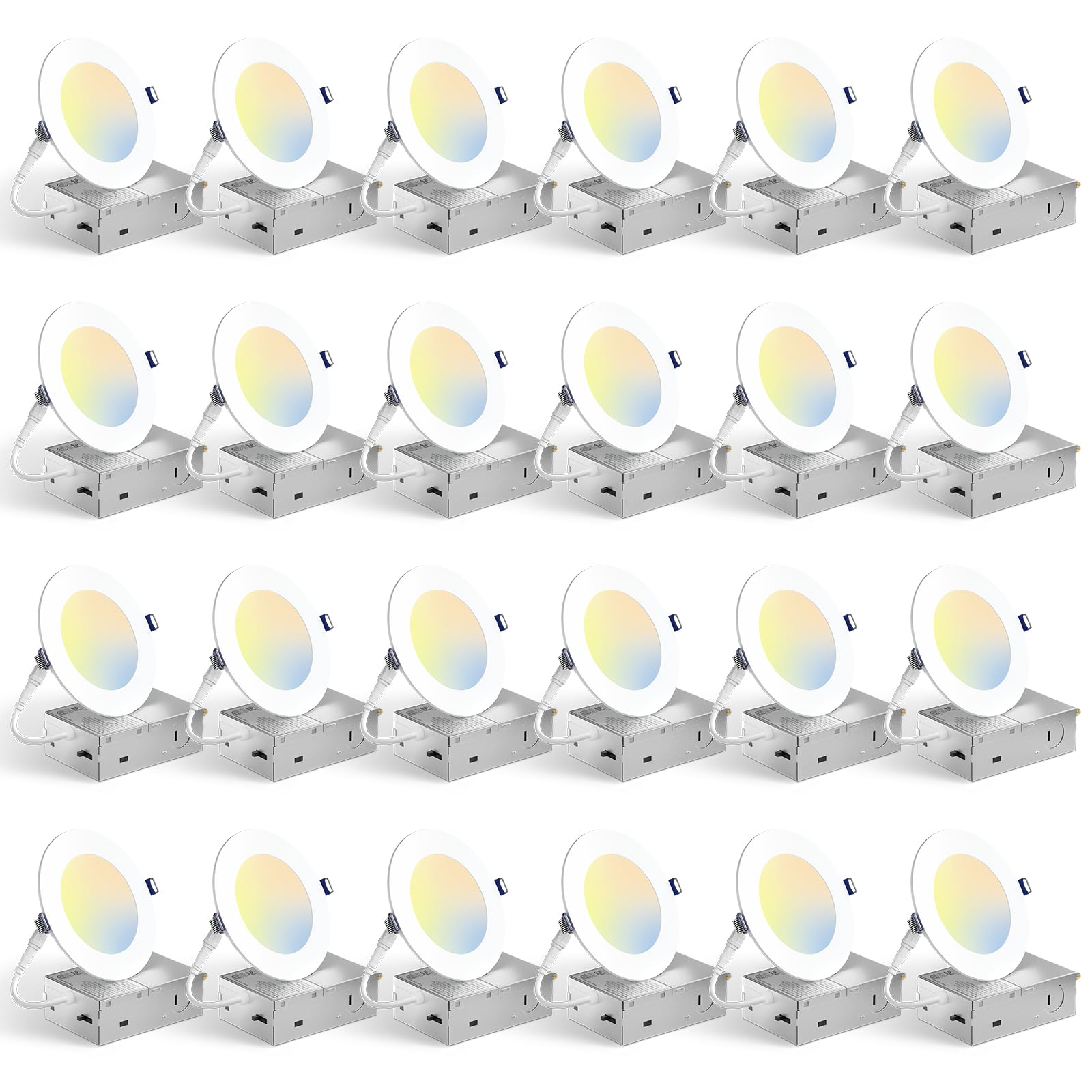 Bbounder 24 Pack 4 Inch 5Cct Ultra-Thin Led Recessed Ceiling Light With Junction Box, 2700K/3000K/3500K/4000K/5000K Selectable, 10W Eqv 60W, Dimmable Canless Wafer Downlight, 800Lm - Etl&Fcc