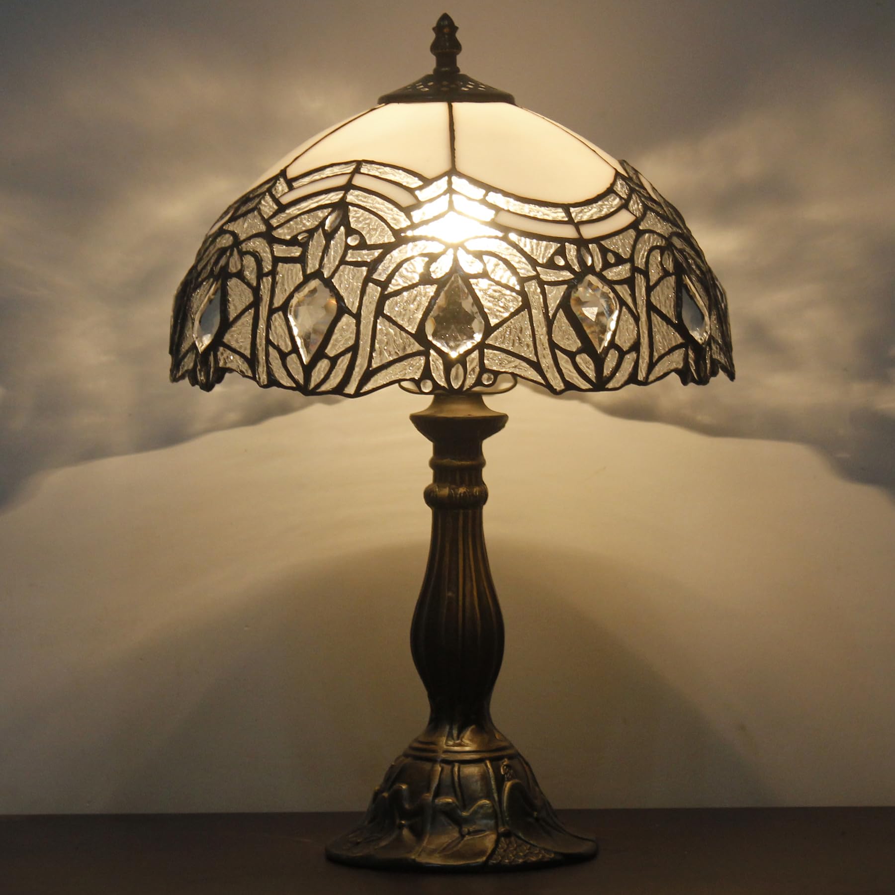 WERFACTORY Tiffany Lamp - White Bent Stained Glass Desk Light, 12x12x18 Inches, Ideal for Bedroom & Home Office, S508W Series
