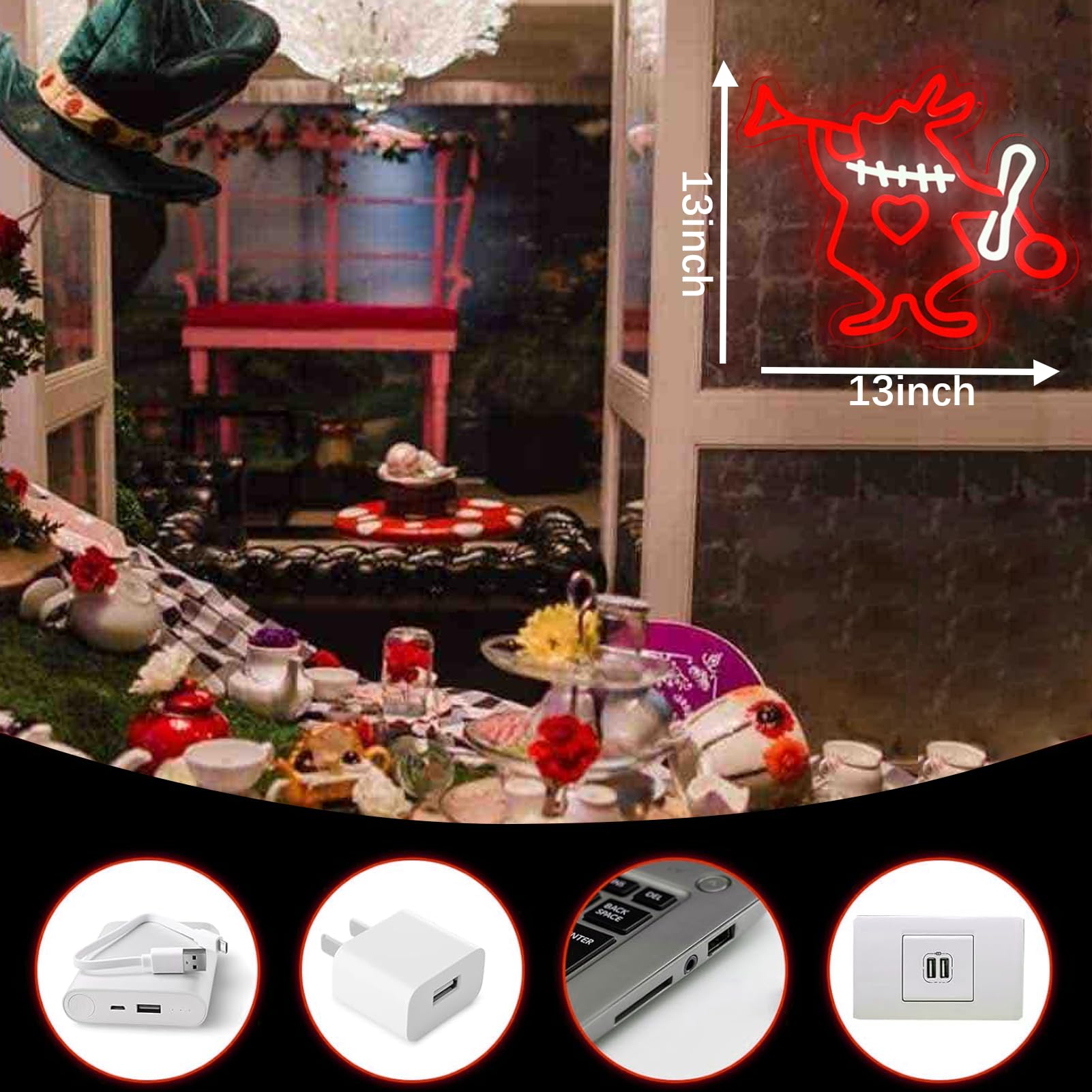 Tiabuy Neon Wall Art - Dimmable Rabbit LED Light, 12inx12in, Acrylic, Red