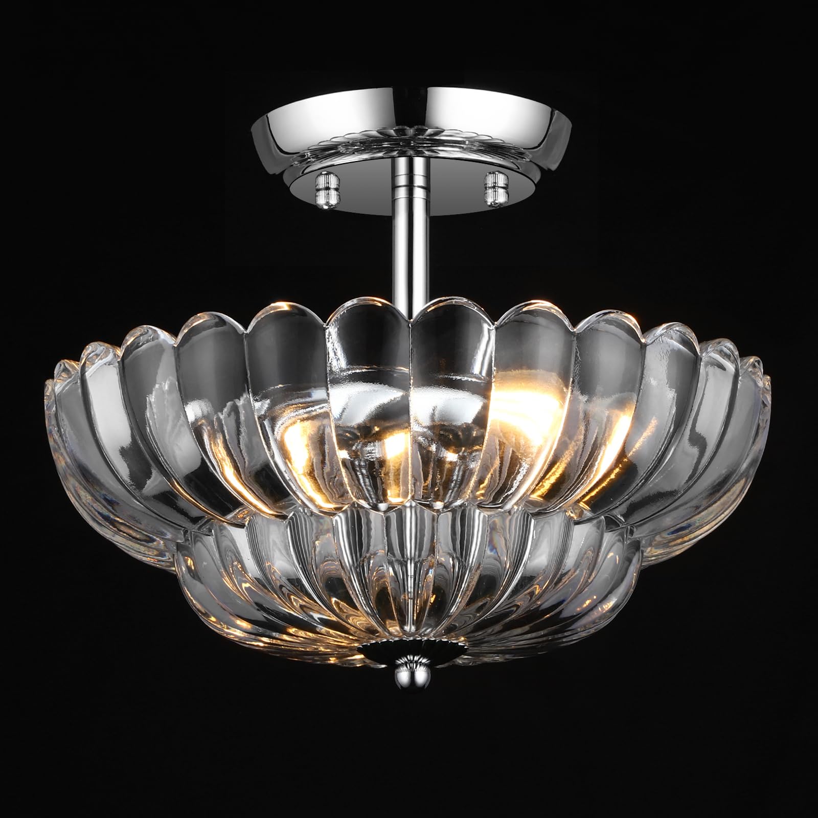 Mgcanyu Semi Flush Mount Glass Ceiling Light, 11.8in 2-Light Modern Chrome Light Fixture Ceiling Mount with Scalloped Clear Glas