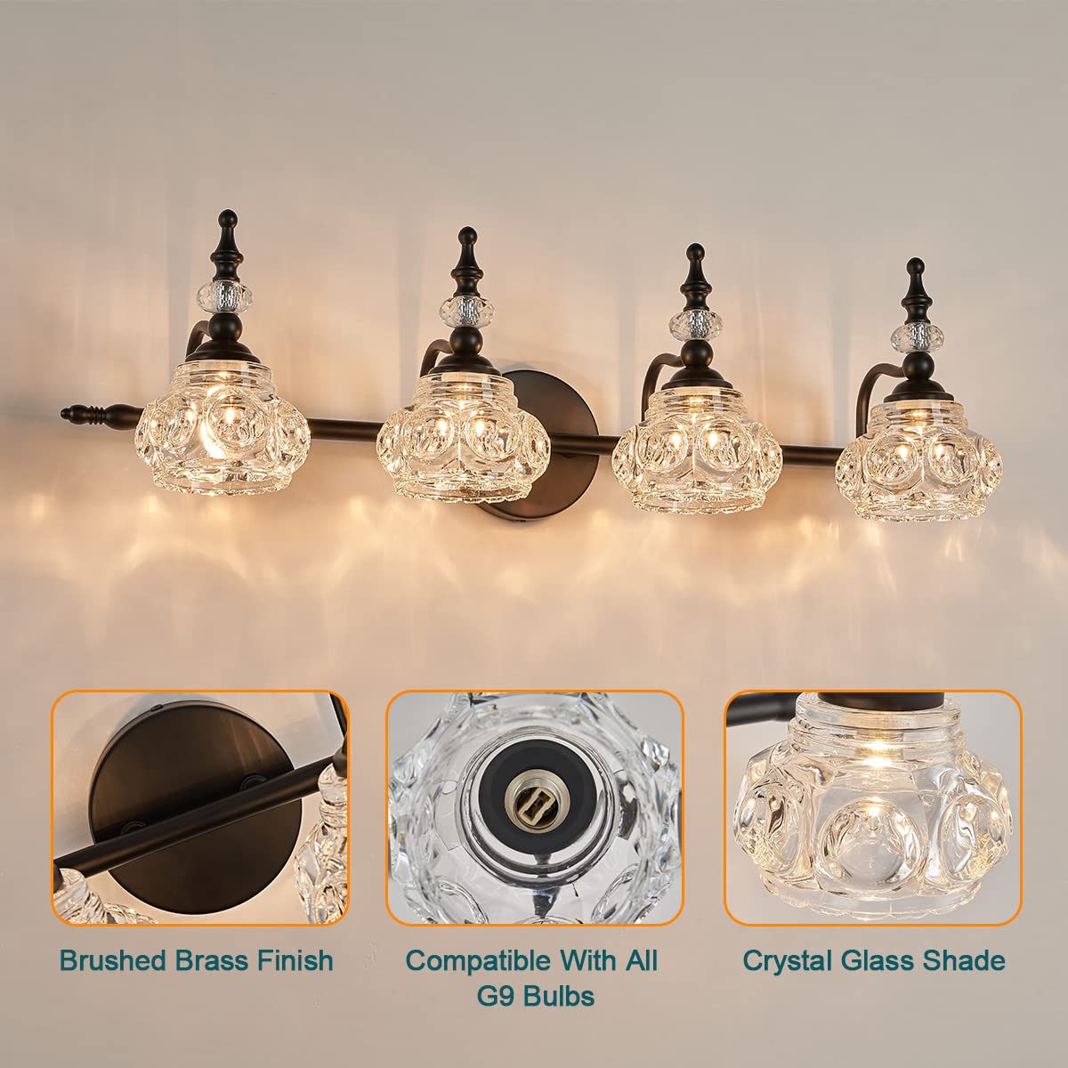 Zilanl 4-Light Vanity Light Fixture - Black Vintage Bathroom Lighting With Crystal Glass Shade