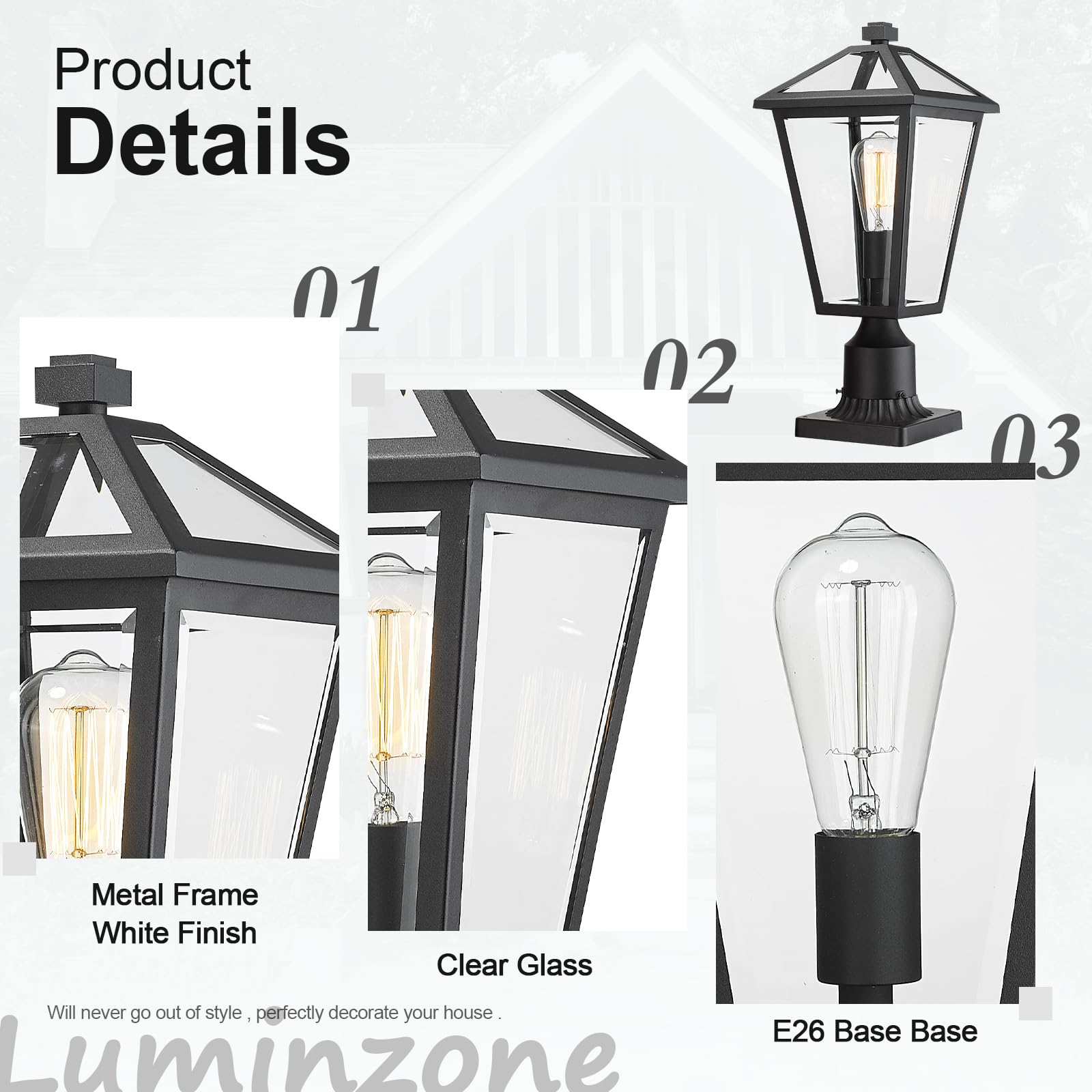 Luminzone Outdoor Post Light Fixture, Waterproof Aluminum Lamp For Walkway & Patio, Matte Black