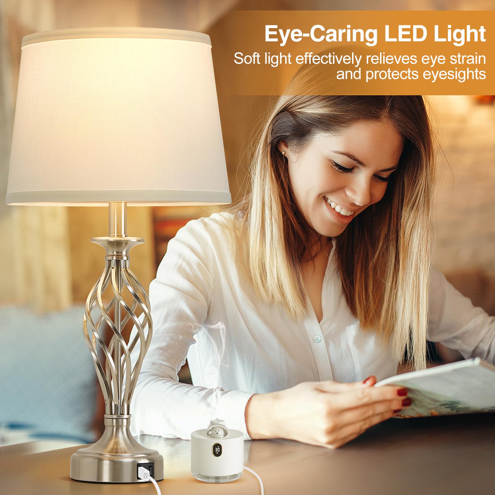 EJIAXIN Modern Table Lamp Set of 2 with USB Ports, Silver Base, White Shade, Includes 2 LED Bulbs, Model 108