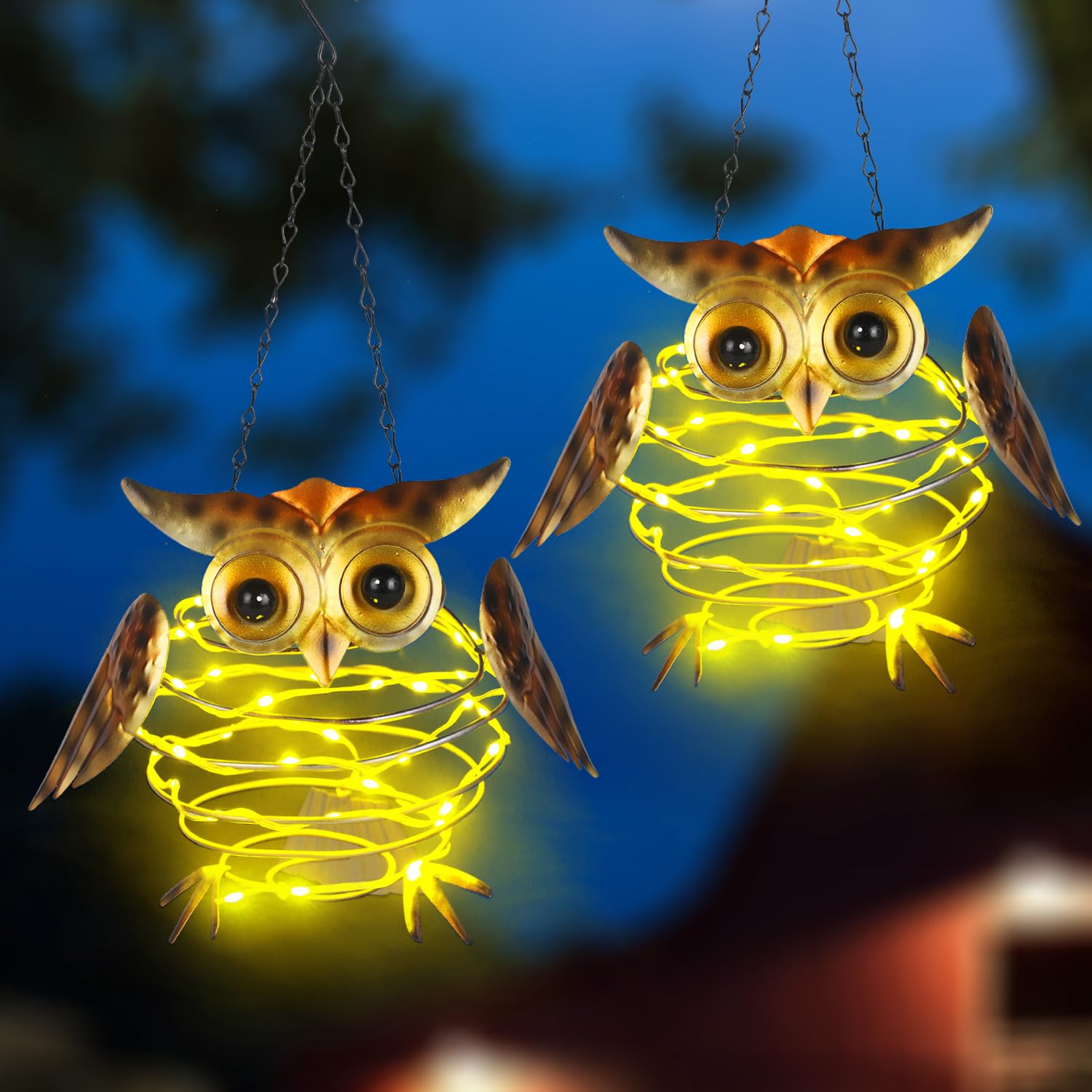 2 Pack Owl Solar Lights Outdoor Hanging Lantern with Handle, Solar Powered Owl Garden Decor for Outside Patio Yard Porch Pathway