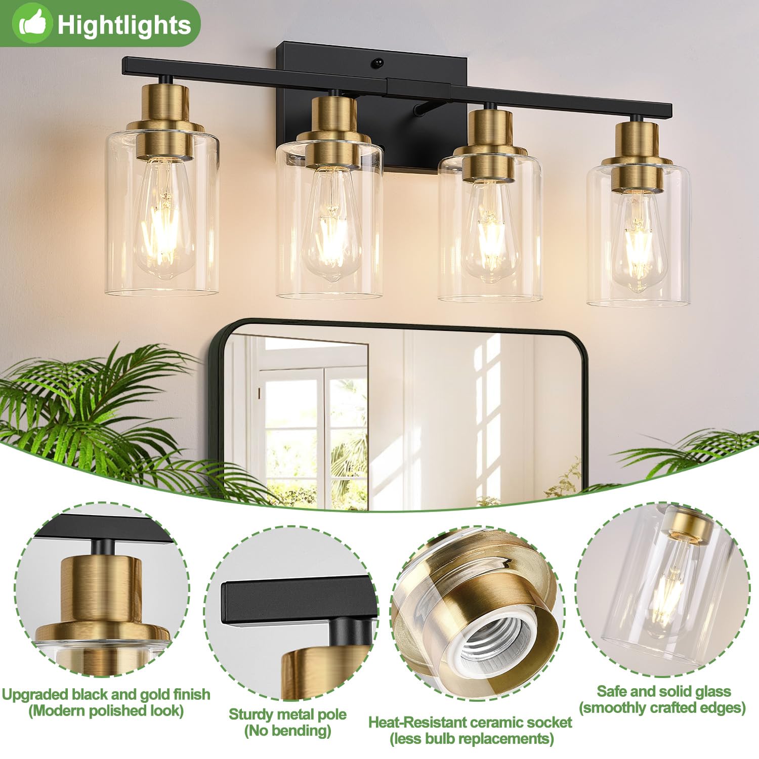 Indoi 4-Light Bathroom Light Fixtures Black and Gold Modern Vanity Lights Glass Shades Model OMTYX-031H