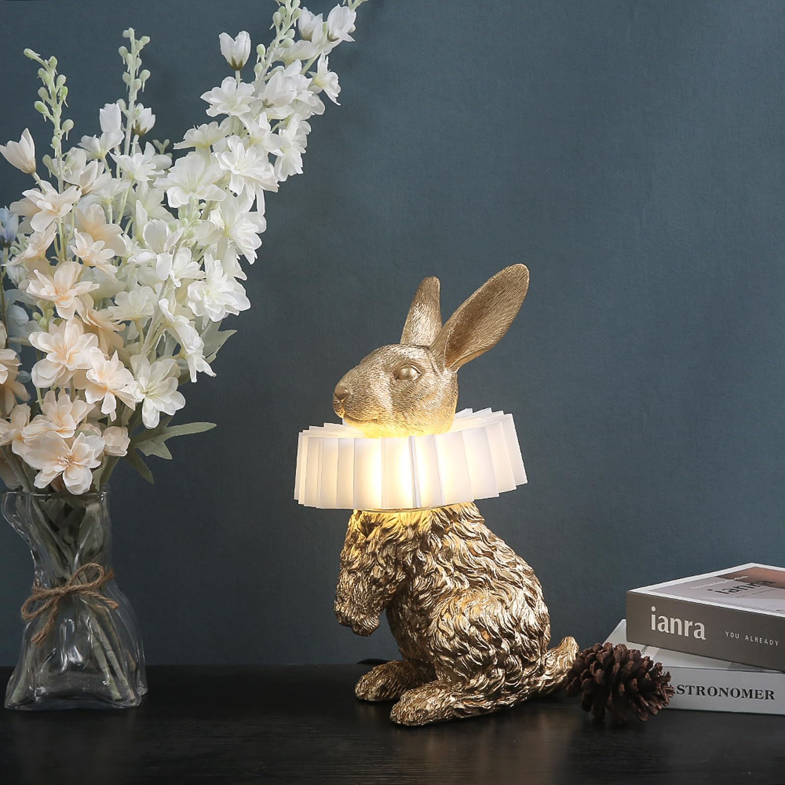 LAZHUG Scarf Rabbit Table Lamp, Gold Standing, Resin Crafted, USB Plug, Energy-Efficient Nightstand Lamp
