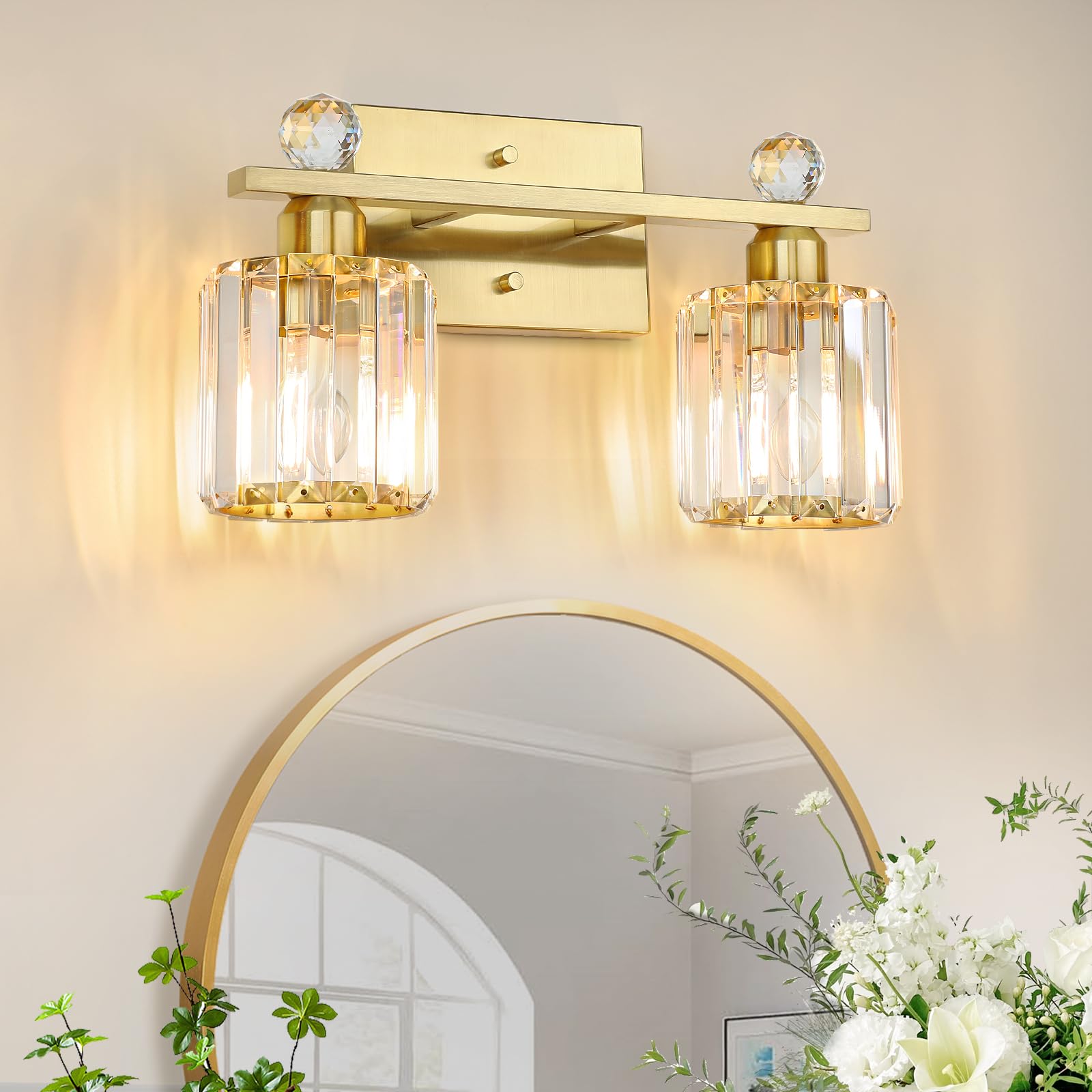 KunruiTAI 2-Light Wall Sconce, Brushed Gold Bathroom Vanity Light, K9 Crystal Shade, Modern Design for Mirror, Bedroom, Living Room