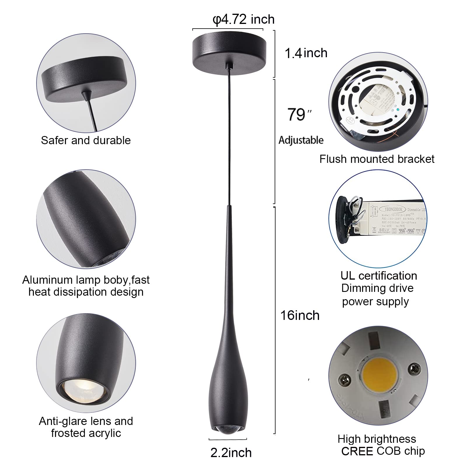 Julin Home Black Dimmable Led Pendant Light - Modern Industrial For Kitchen Island & Dining Room