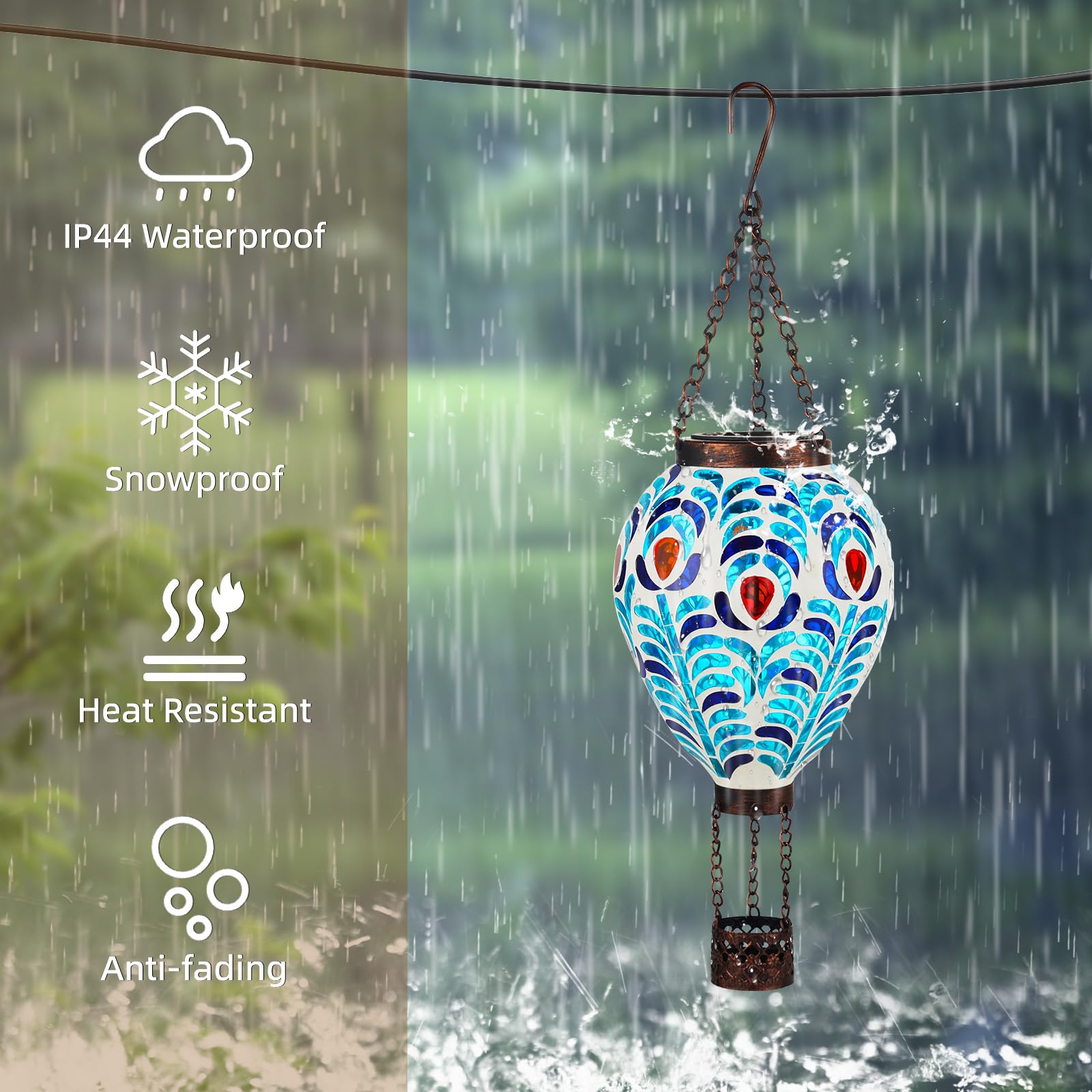 VOREEN Hot Air Balloon Solar Lantern, Handmade Glass, Peacock Feather Design, Waterproof Outdoor Hanging Light, Model FYG24106