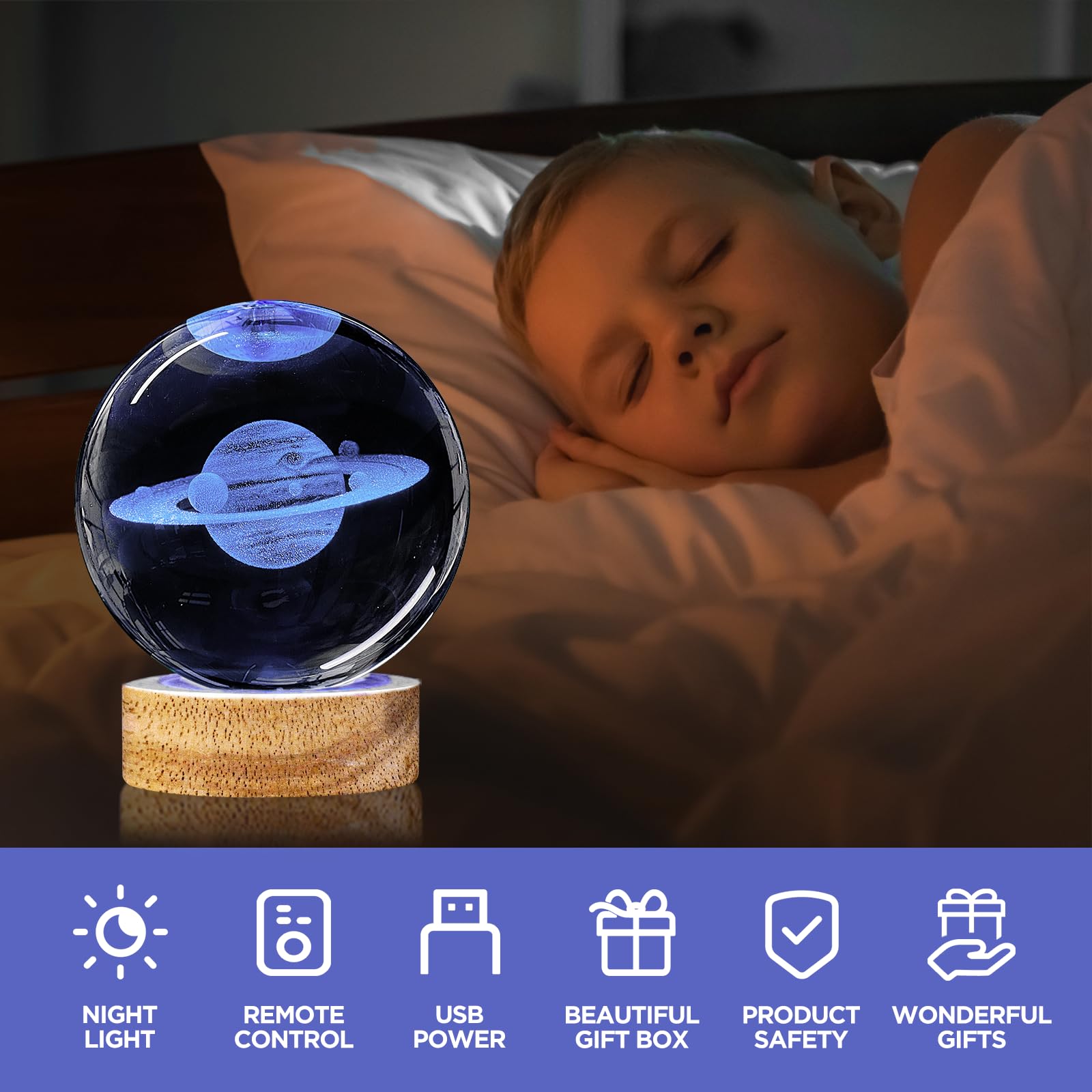 3D Saturn Crystal Ball Night Light With Woodern Base, 3.15 In Galaxy Planets Glass Ball Lamp With 16 Colors And Remote Control C