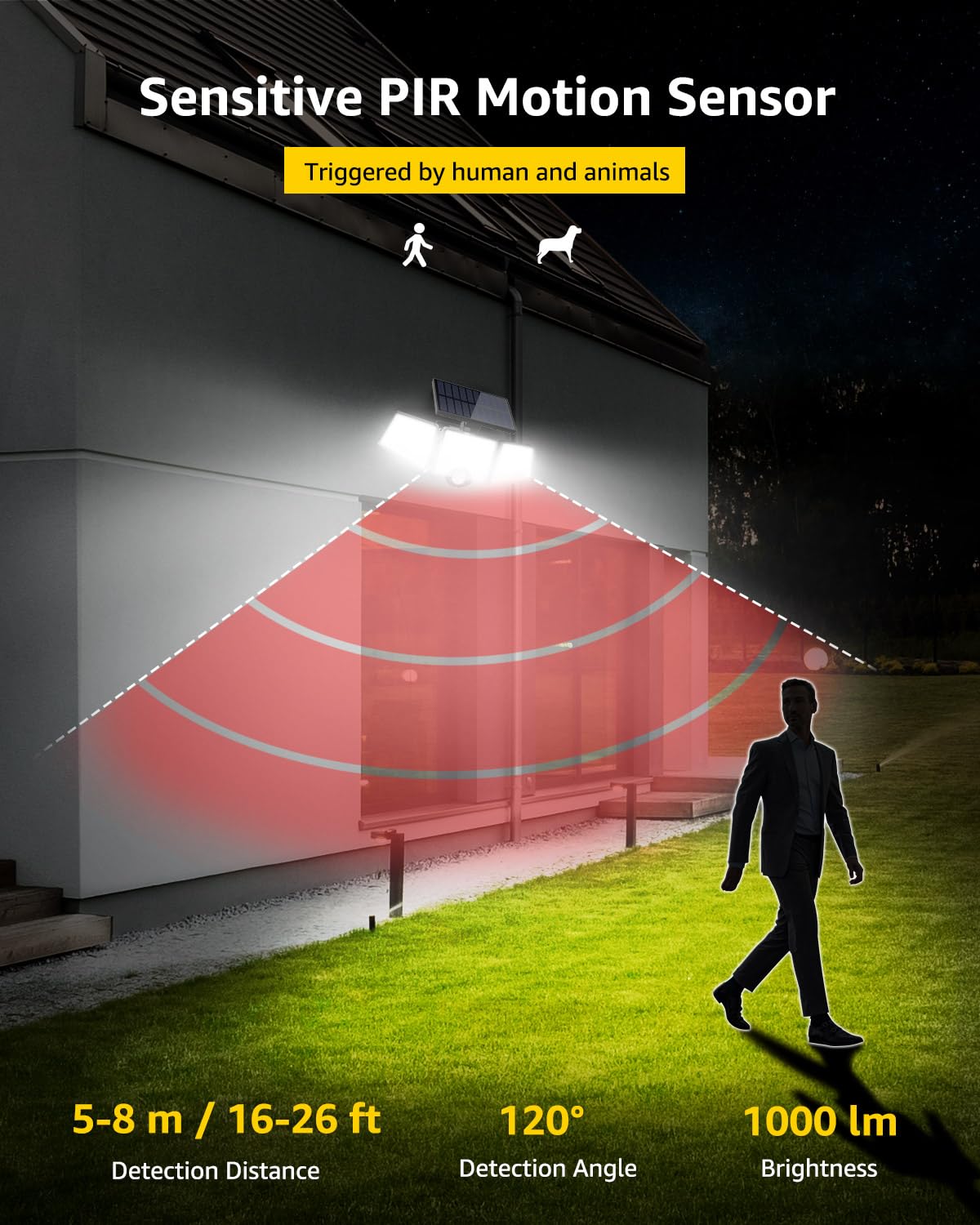 Lepro Solar Lights Outdoor with Motion Sensor, 3 Adjustable Heads, IP65 Waterproof, Black, Model 640003-DW