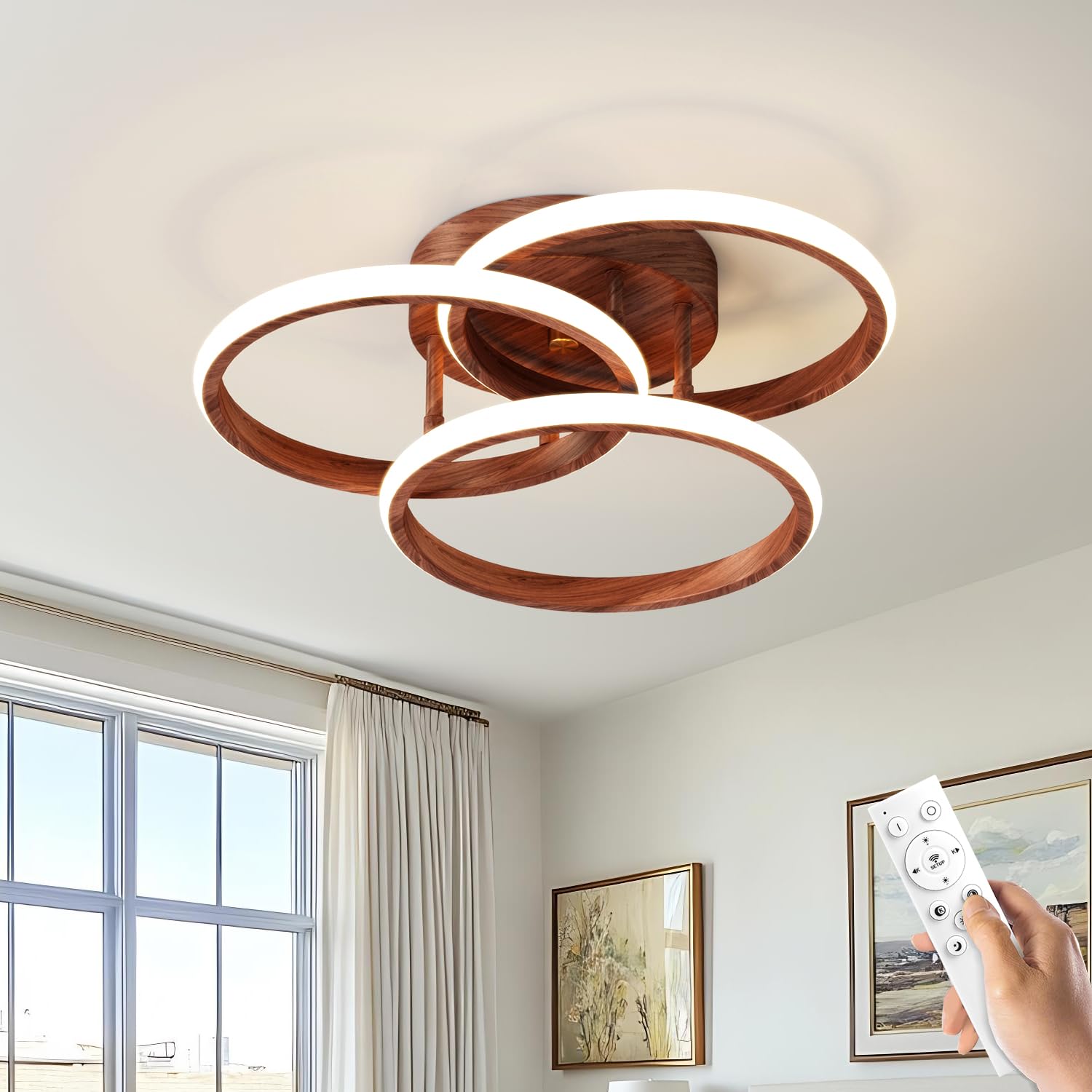 Miss Lighting Dimmable LED Semi Flush Mount Light Fixture with Remote Control, 15in-3 Ring Wood, Modern Chandelier for Bedroom and Kitchen