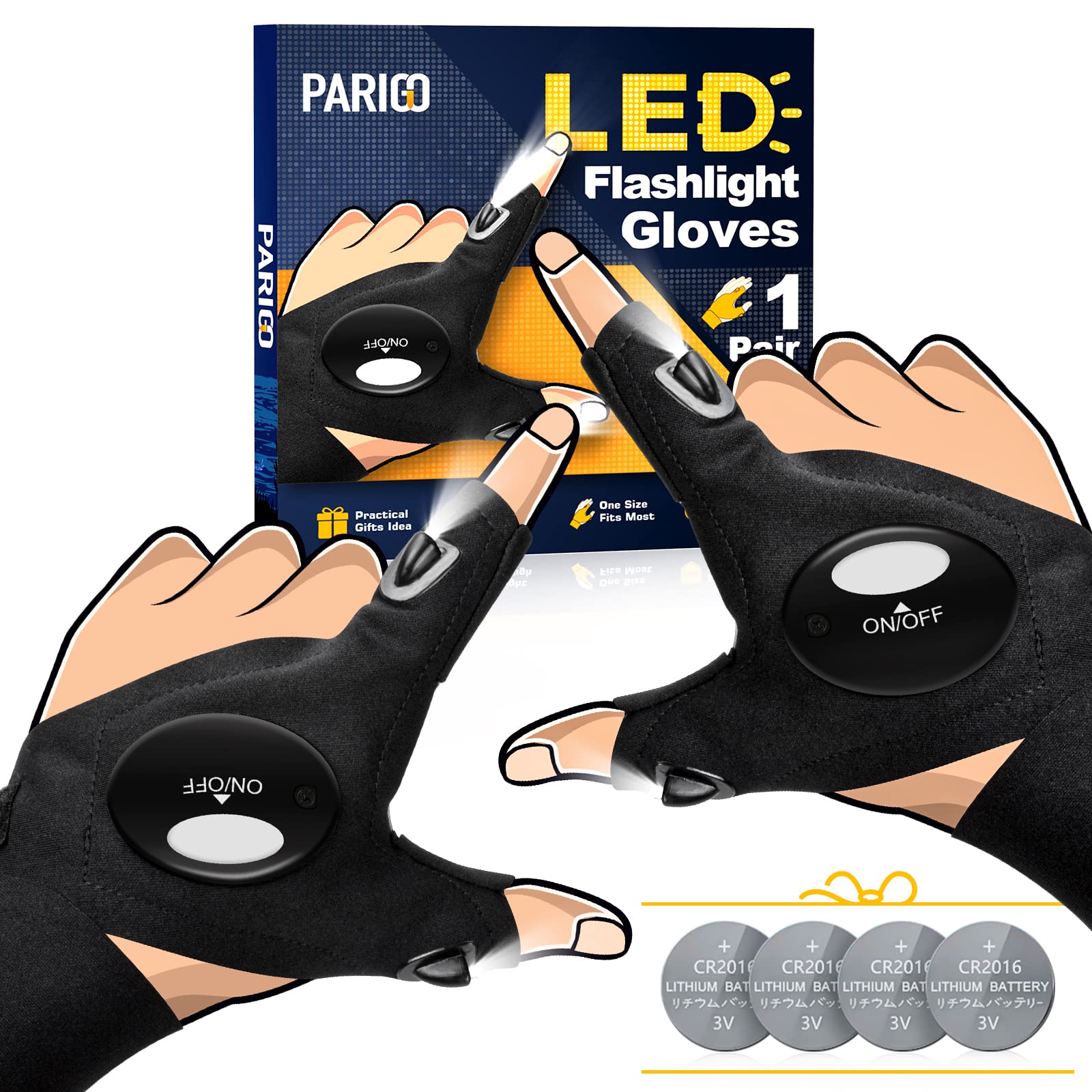 PARIGO LED Flashlight Gloves - enhanced Spandex, Large, Black, Model PARIGO GLOVES 12, Ideal for Fishing, Camping, and Mechanics