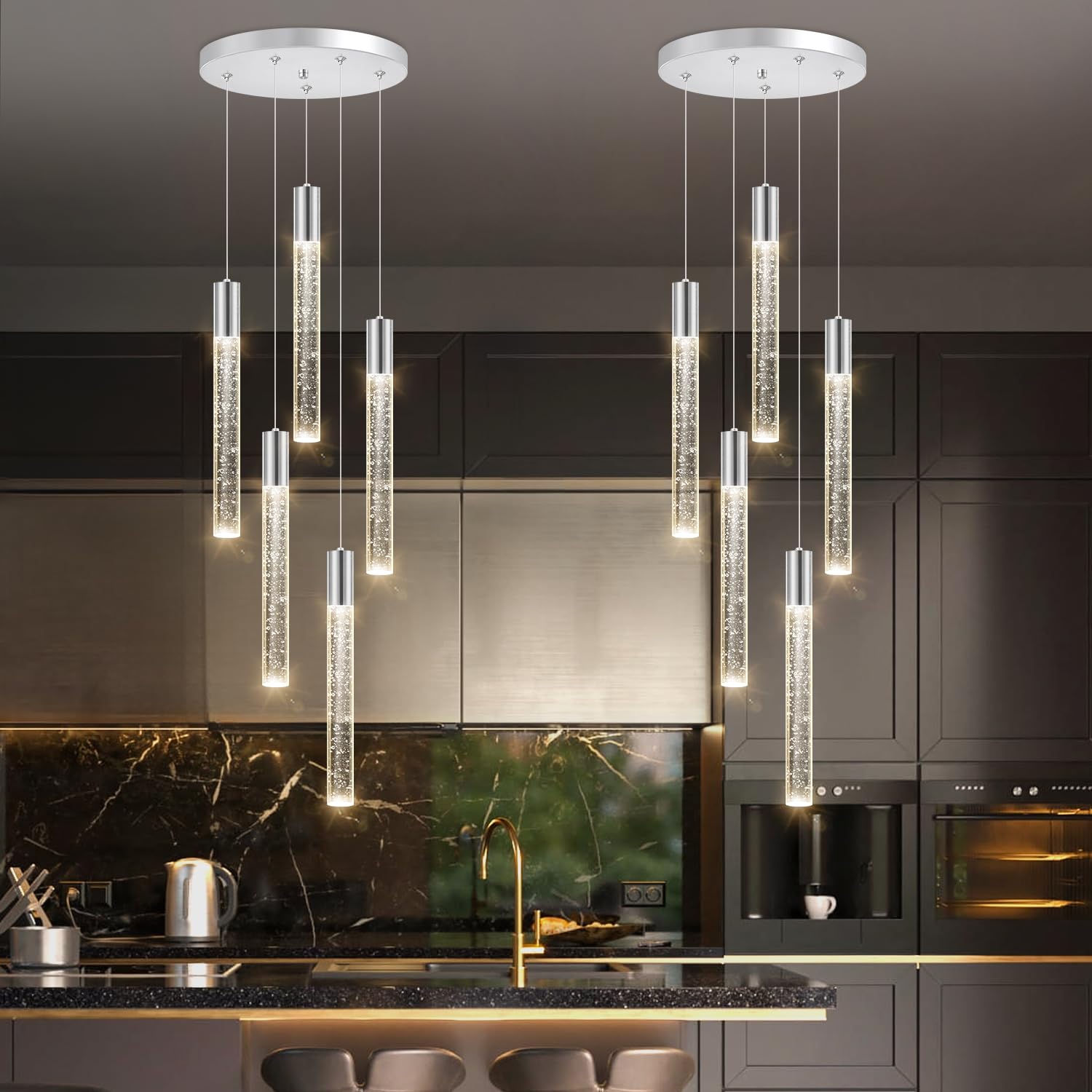 HAIXIANG Chandelier 5-Lights Modern Crystal Pendant Lighting Remote Dimmable Stainless Steel Silver MMQ3810