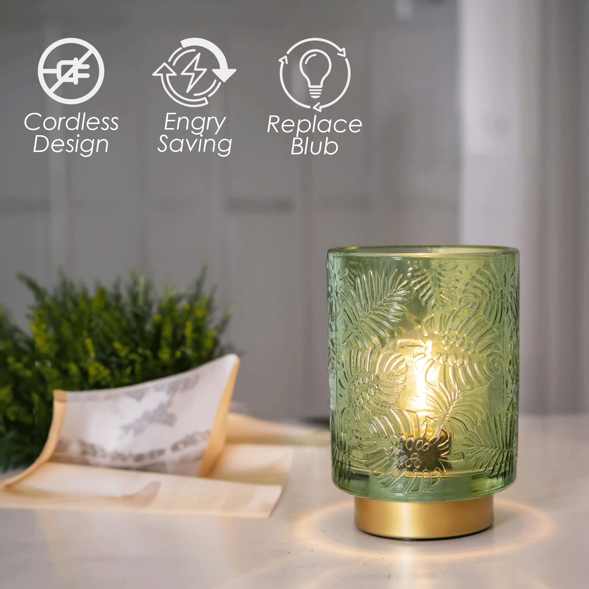 Ularoom Small Battery Operated Lamp - Portable Cordless Lamp For Home Decor, Glass Table Lamp With Led Bulb, Wireless Battery Powered Desk Lamp For Bedroom Living Room Decor Aesthetic Jade Green