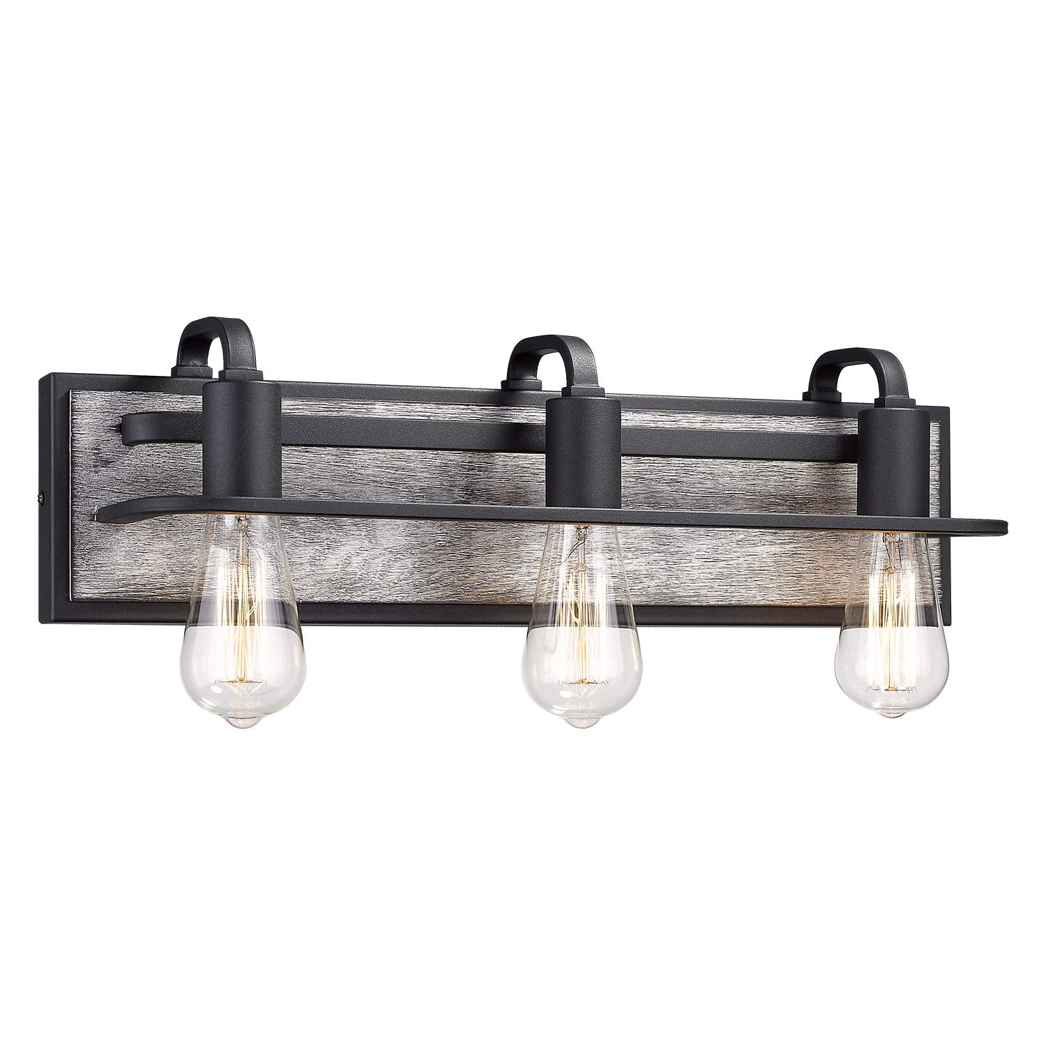 Hanass 21.25" White Wood Bath Vanity Light Fixture - Black Metal Over Mirror Lighting