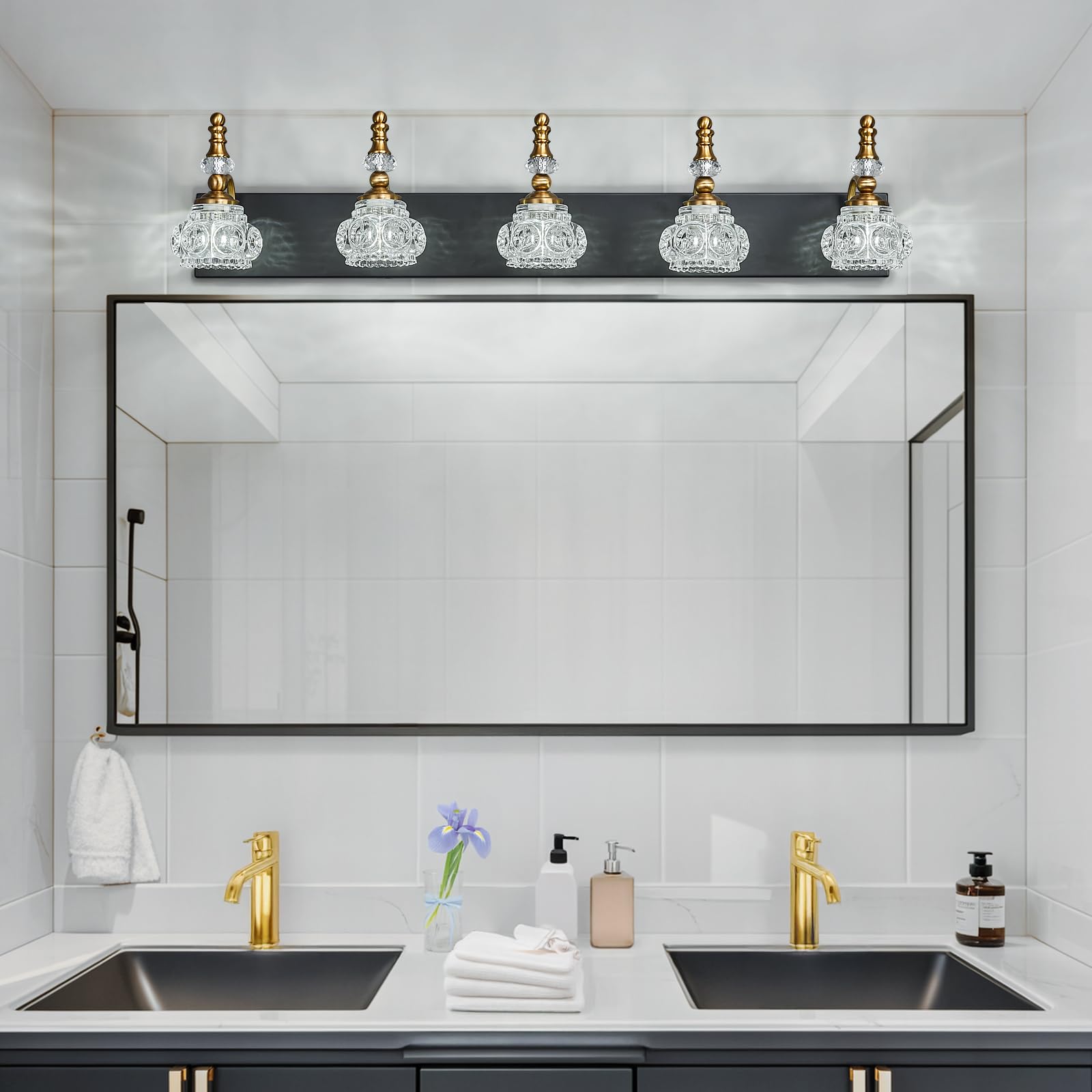 Lbsqj Modern Glass Crystal Vanity Light - Vintage Bathroom Lighting Fixtures Over Mirror  5 Light Vanity Lights G9 Bulb (35.43 Inch  Black Gold)