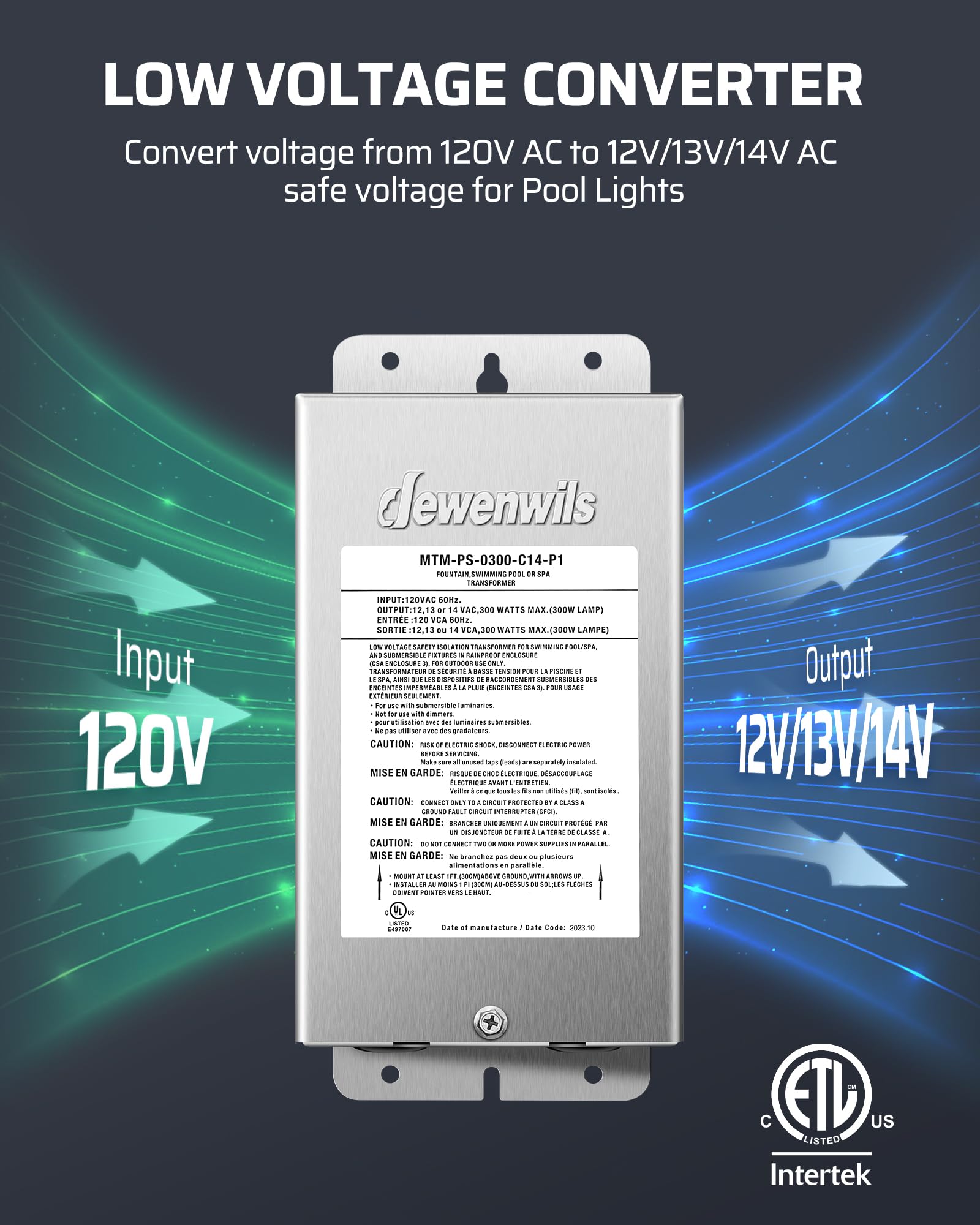 DEWENWILS Low Voltage Pool Light Transformer 300W, Multi-tap AC 12V/13V/14V, Stainless Steel, Model HSLT05P, Silver