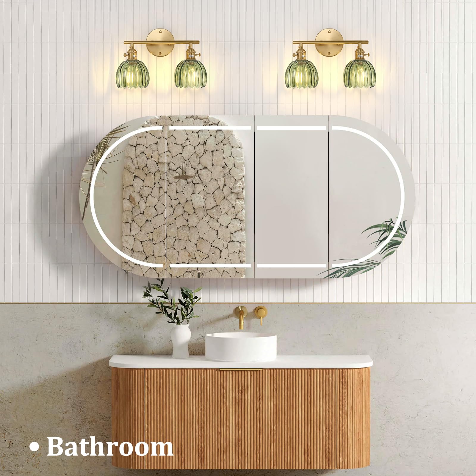 Shenmoyl 2-Light Brass Vanity Wall Light, Green Tulip Glass Shade, Hardwired, Model 1-9325 for Bathroom, Bedroom, Living Room