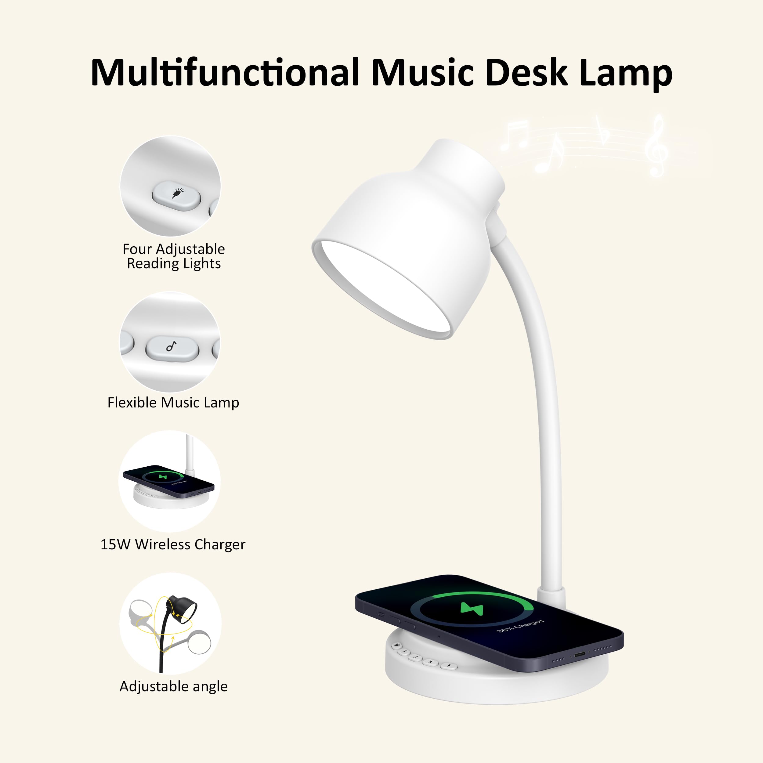 Rorense Led Desk Lamps For Home Office With Bluetooth Speaker&15W Wireless Charger,Desk Lamp For College Dorm Room,Adjustable Fl