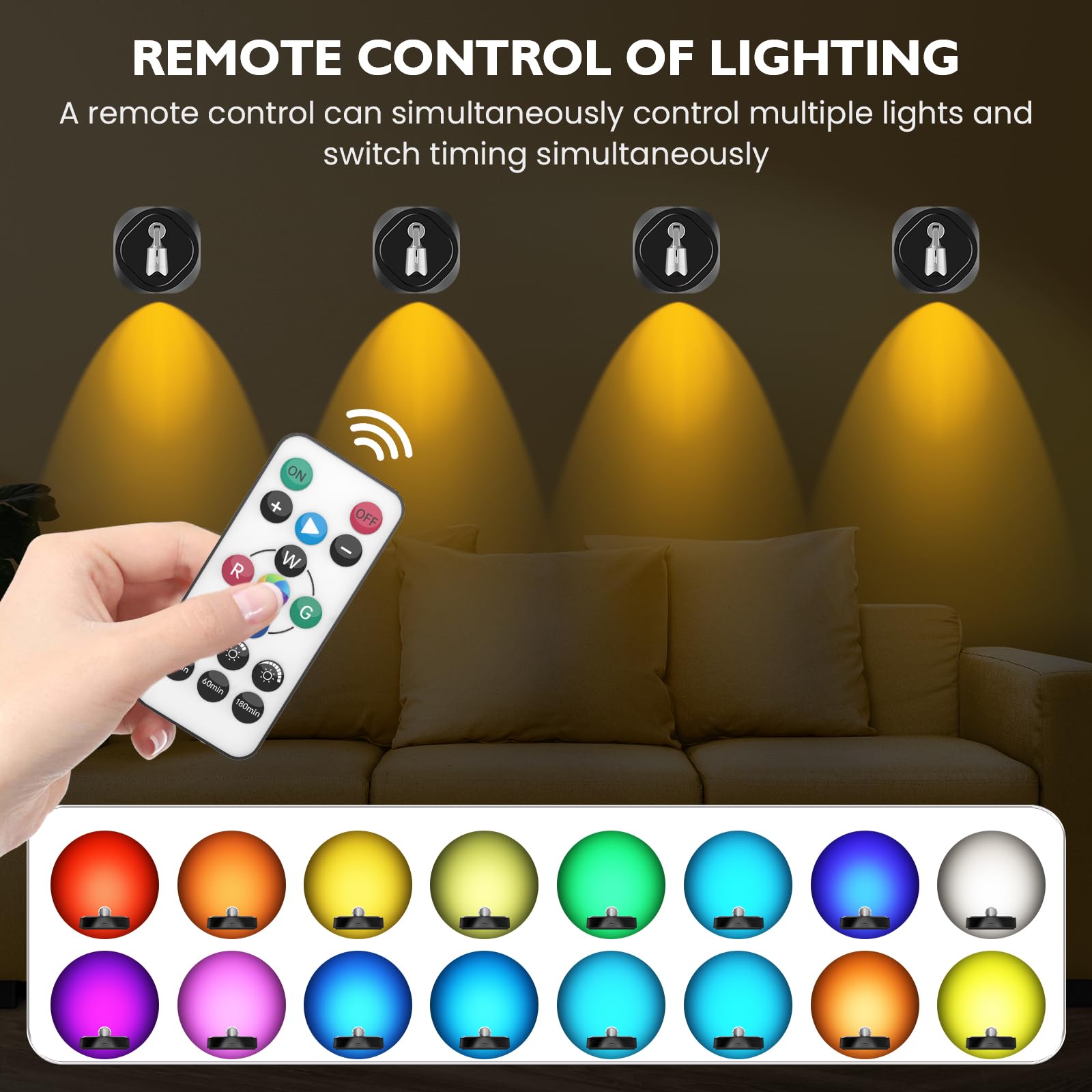 Hwawfsd Rgb Wireless Led Indoor Spotlight, Puck Light Art Plant Tree, 16 Color Adjustable Remote Spotlight, Closet Light With Rotatable Lamp Head - 2 Pack Black
