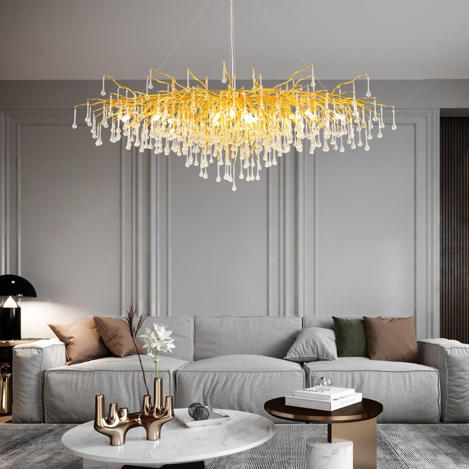 Niuzdu Crystal Chandelier For Dining Room - 63In Modern Farmhouse Crystal Gold Chandelier, Raindrop Tree Branch Chandeliers For