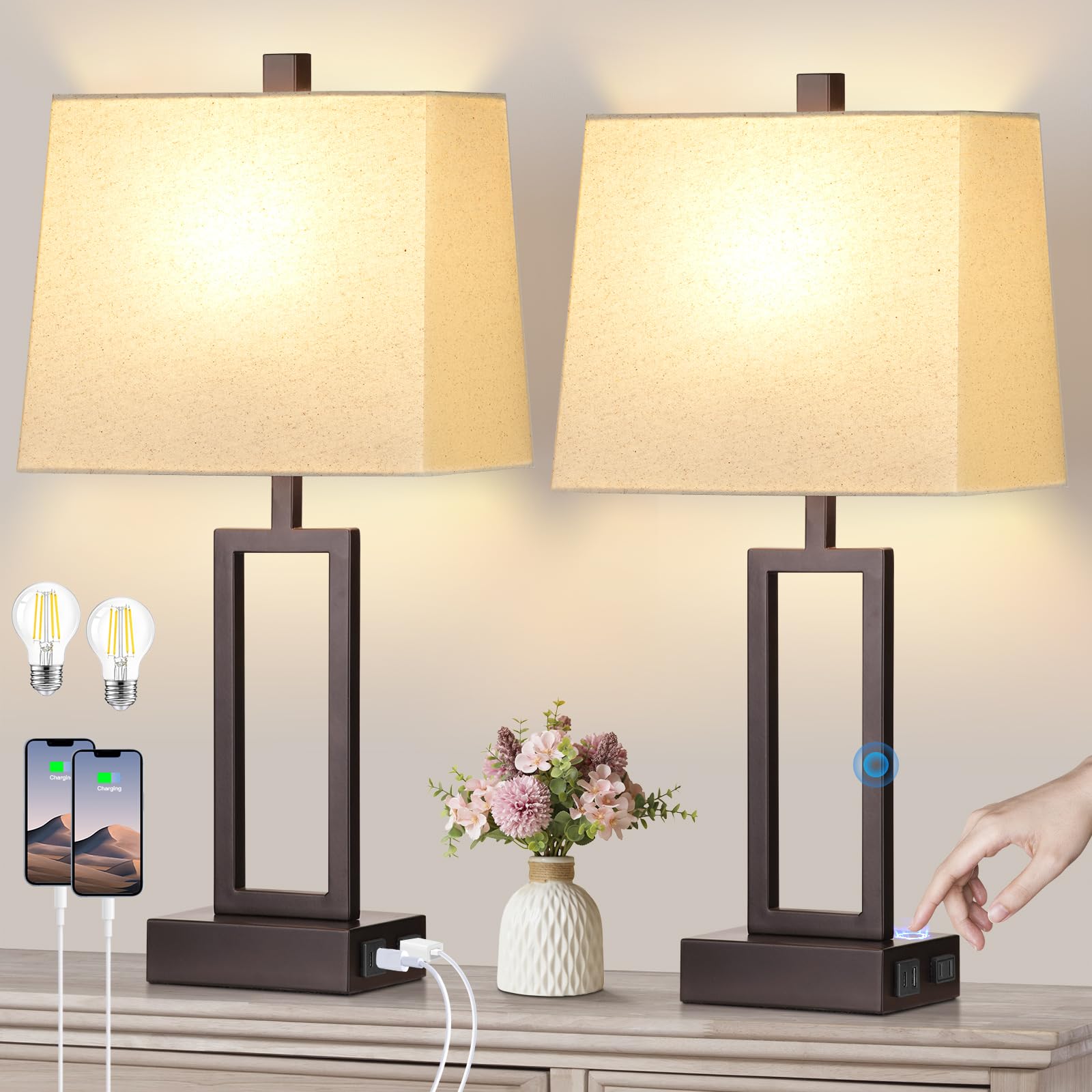 Rinweey Touch Control Table Lamps Set Of 2, Modern Brown Bedside Lamps With Usb A+C Ports & Ac Outlet, 3 Way Dimmable Contemporary Nightstand Lamps For Bedroom Living Room(Led Bulb Included)