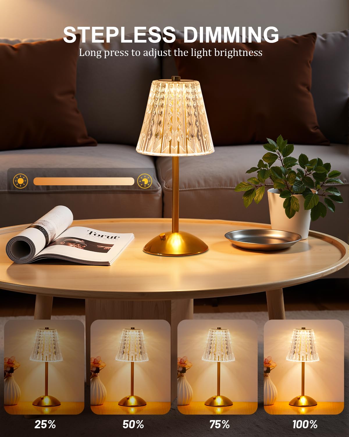Nusogon Cordless Touch Table Lamp - 3500mAh LED, Dimmable, Acrylic, Gold, 10.55x5.4x12.87 inches, 2pcs