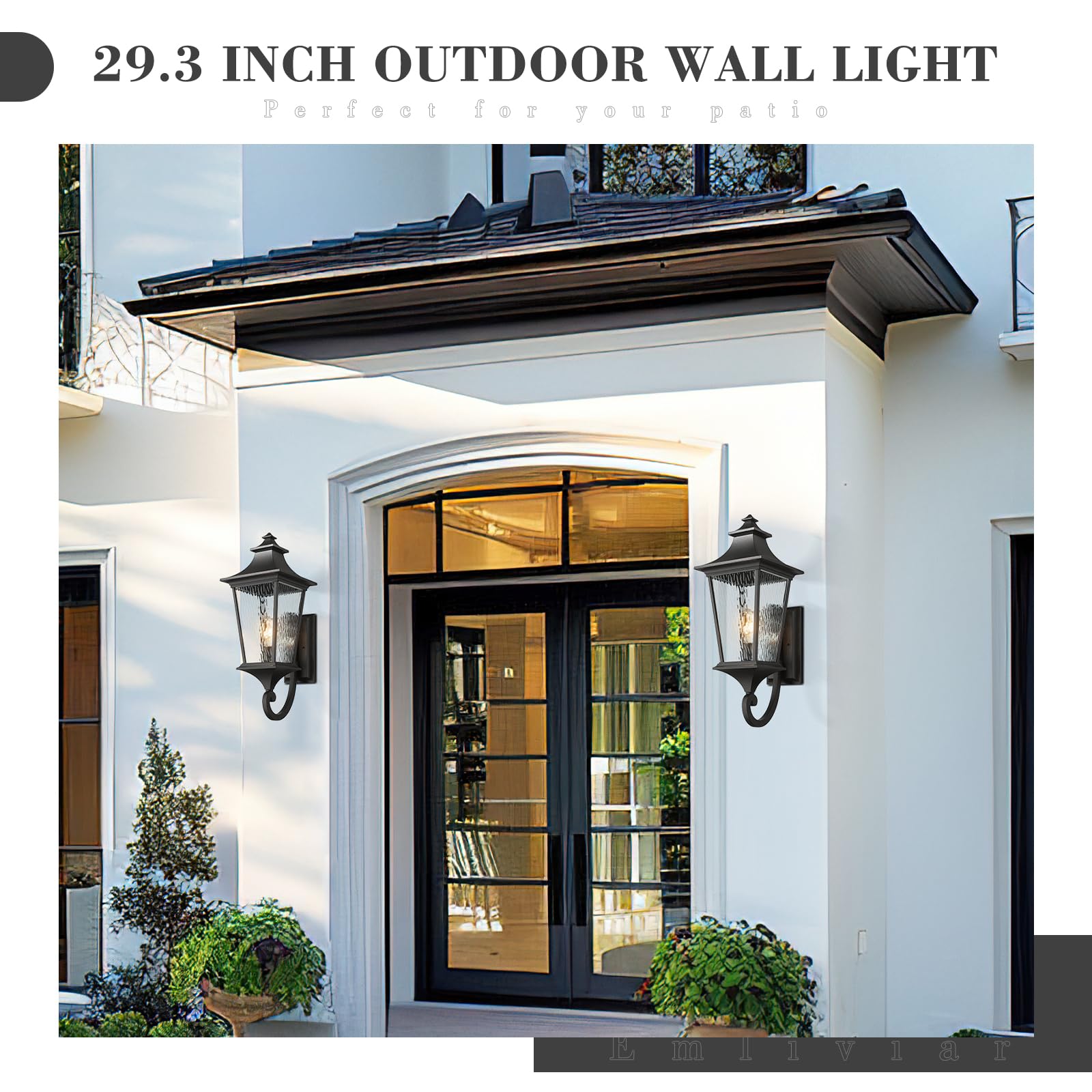 Emliviar 29.3'' Large Exterior Wall Light, Outdoor Wall Sconce Suitable For House Porch, Water Ripple Glass In Black Finish, Xe2
