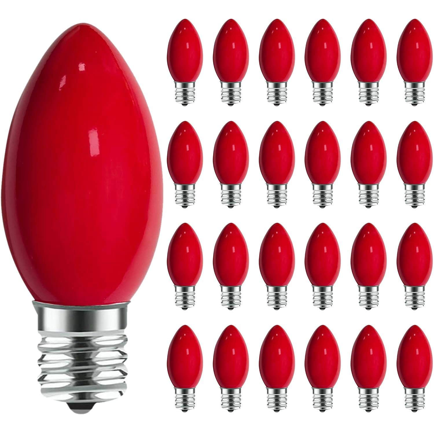 PASUTO C9 Incandescent Christmas Lights Red Bulb C9 Red Ceramic Replacement Bulbs for Christmas String Lights Indoor and Outdoor Decorations  E17 Candelabra Base  7 Watts Night Light Bulbs 25 Pack