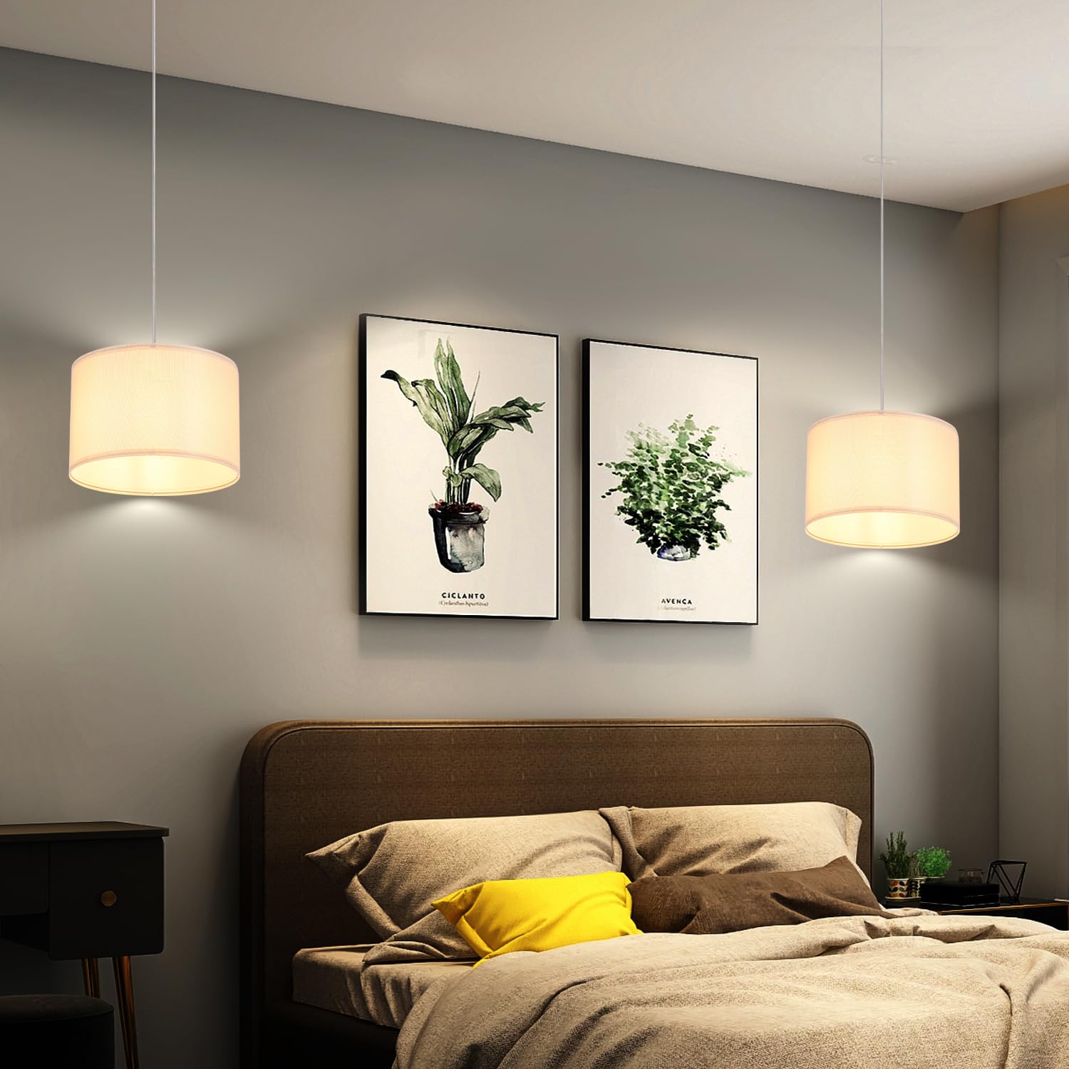 IHENGYANLT 2 Pack Plug-in Pendant Light, 15Ft Clear Cord, On/Off Switch, Beige Yellow Fabric Shade, Model P450