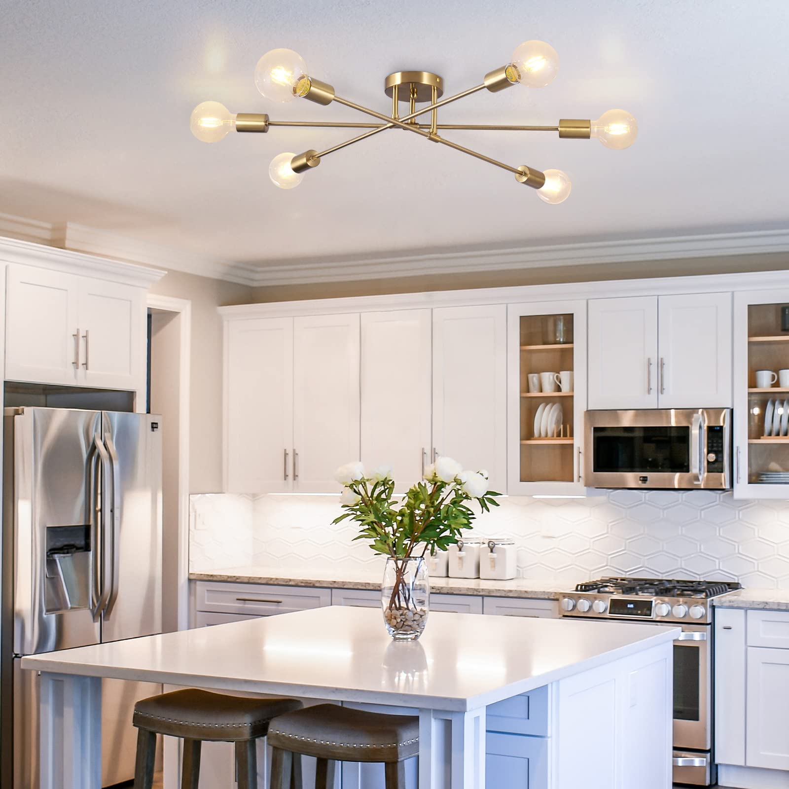 Brknit 6-Light Brass Semi Flush Mount Ceiling Light, Mid Century Industrial Chandelier