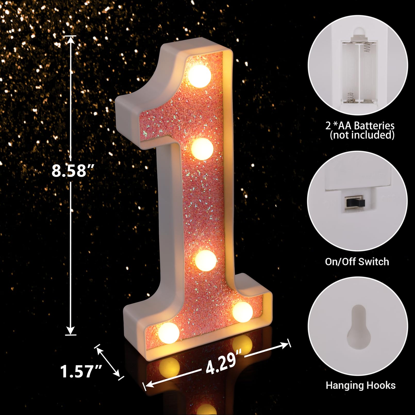 TRONSBOO LED Pink Glitter Marquee Letters Sign Battery Powered 4.29in x 8.58in x 1.57in - Model Pink-Light-1 for Home Party Decoration