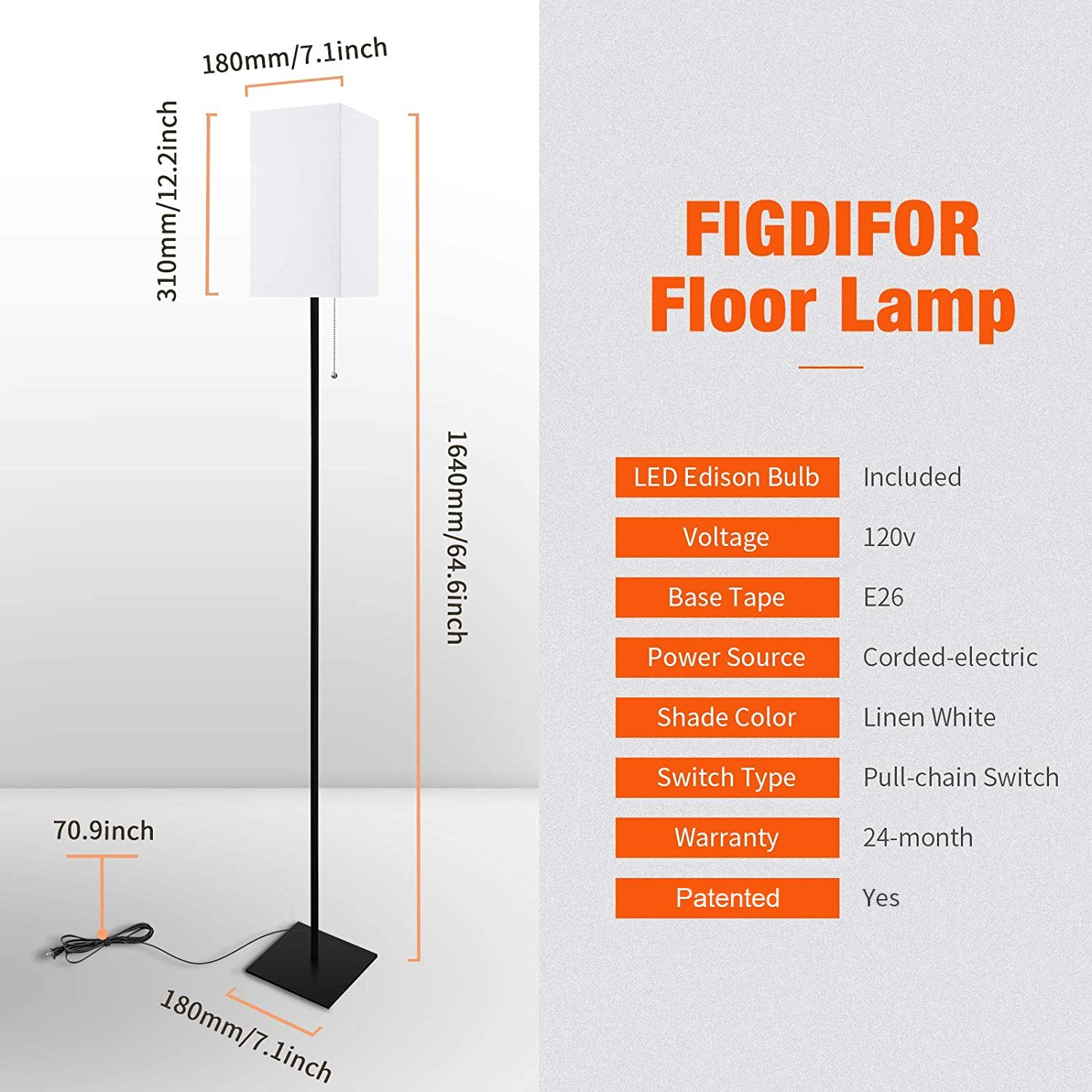 FIGDIFOR Modern Floor Lamp, Black Linen Shade, Simple Design for Living Room, Bedroom, Office, Model FL-201030