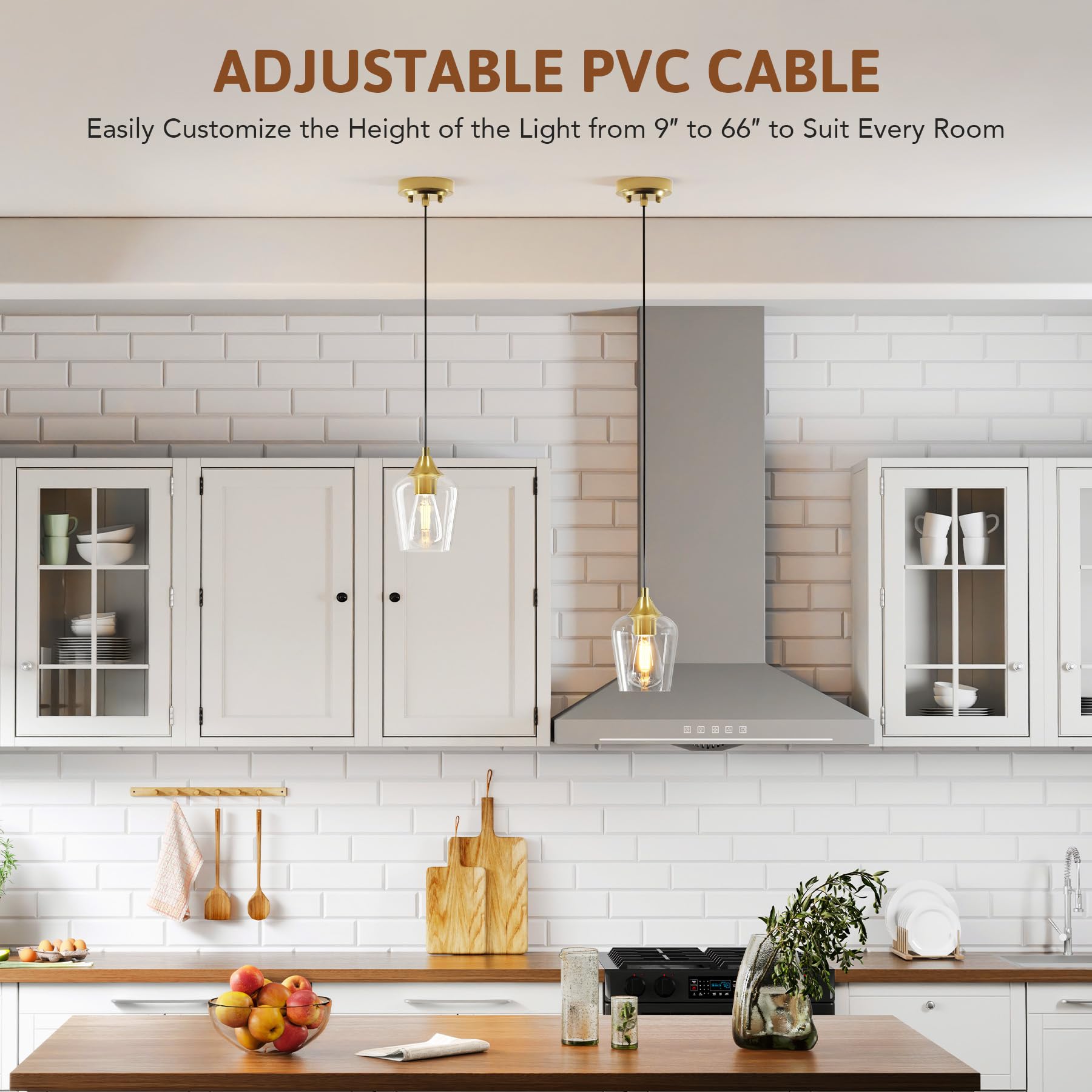VONLUCE Pendant Lights for Kitchen Island, Brushed Gold, Metal, E26 Base, Adjustable Cable, 2 Packs, Modern Glass Shade