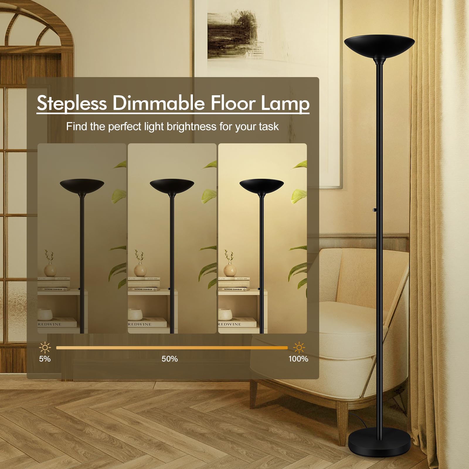 Auquee 30W Torchiere Floor Lamp - 3600Lm Dimmable Led, 71&quot; Black Metal Standing Light