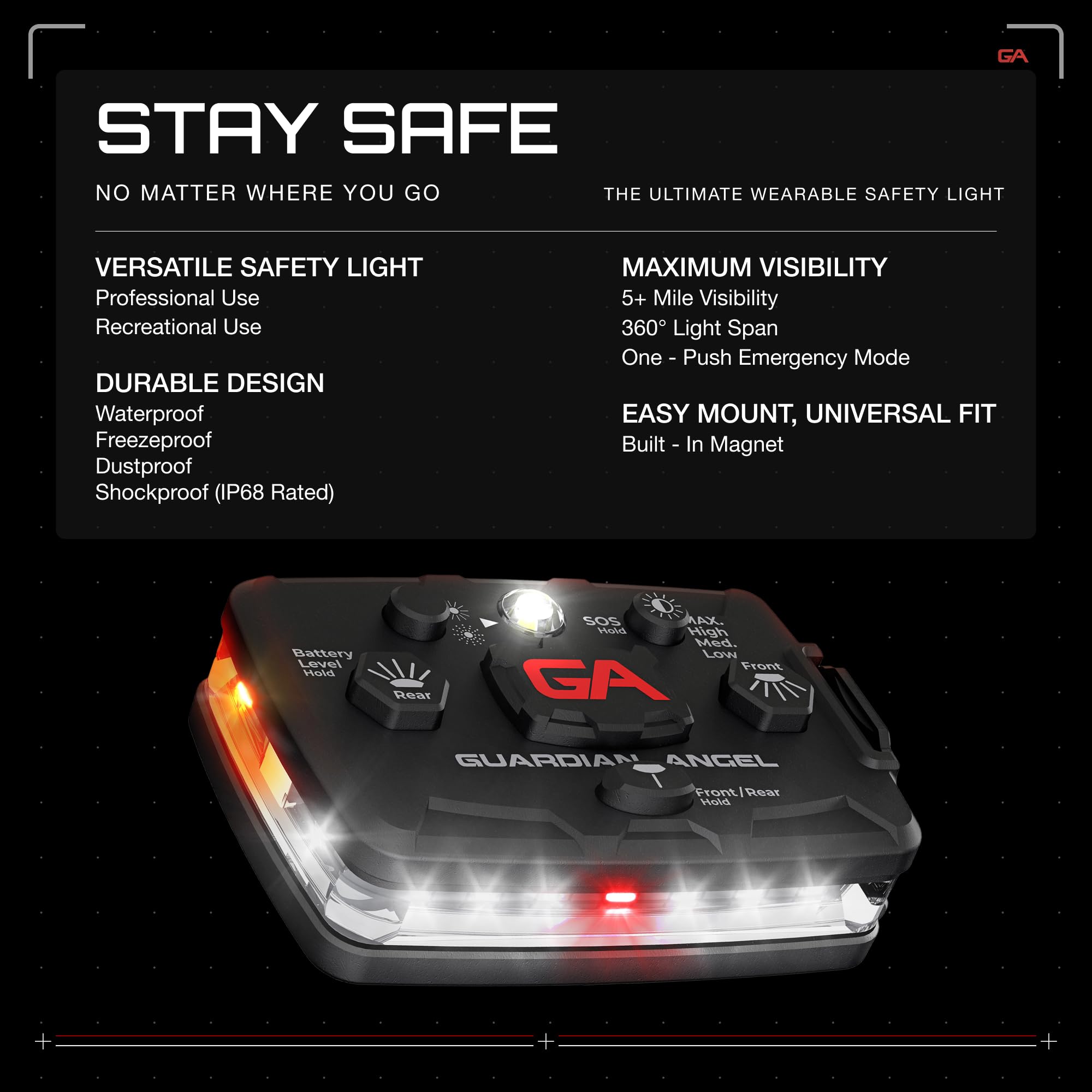 Guardian Angel Elite Series Safety Light - Rechargeable LED Beacon Device, Magnetic, Hands-Free, White/Orange, Model ELT-W/O