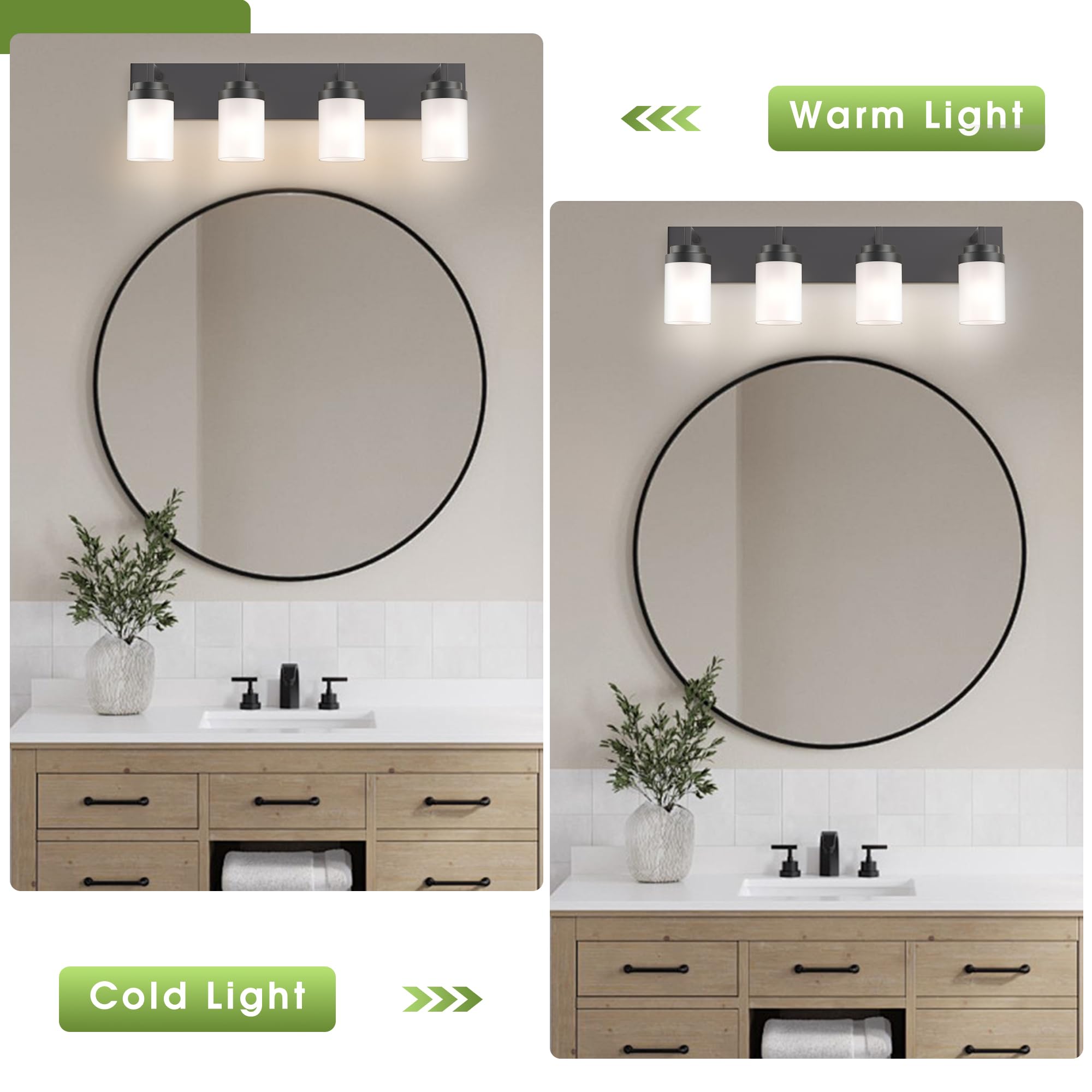 Espird Bathroom Vanity Light - 4 Light Matte Black Fixture with White Glass Shade, 30in Farmhouse Style, Model EL-DBB-B-4