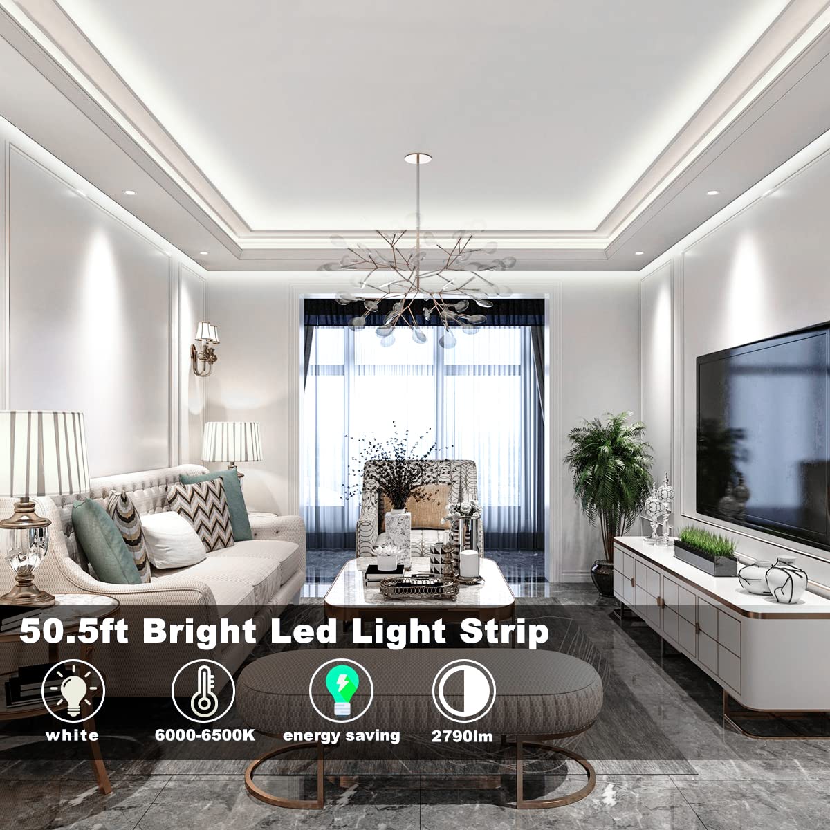 My Beauty Light Led Strip Lights White,50.5Ft Dimmable Led Light Strip With Rf Remote,924 Bright 6500K 2835 Leds,Plug-In Adhesiv